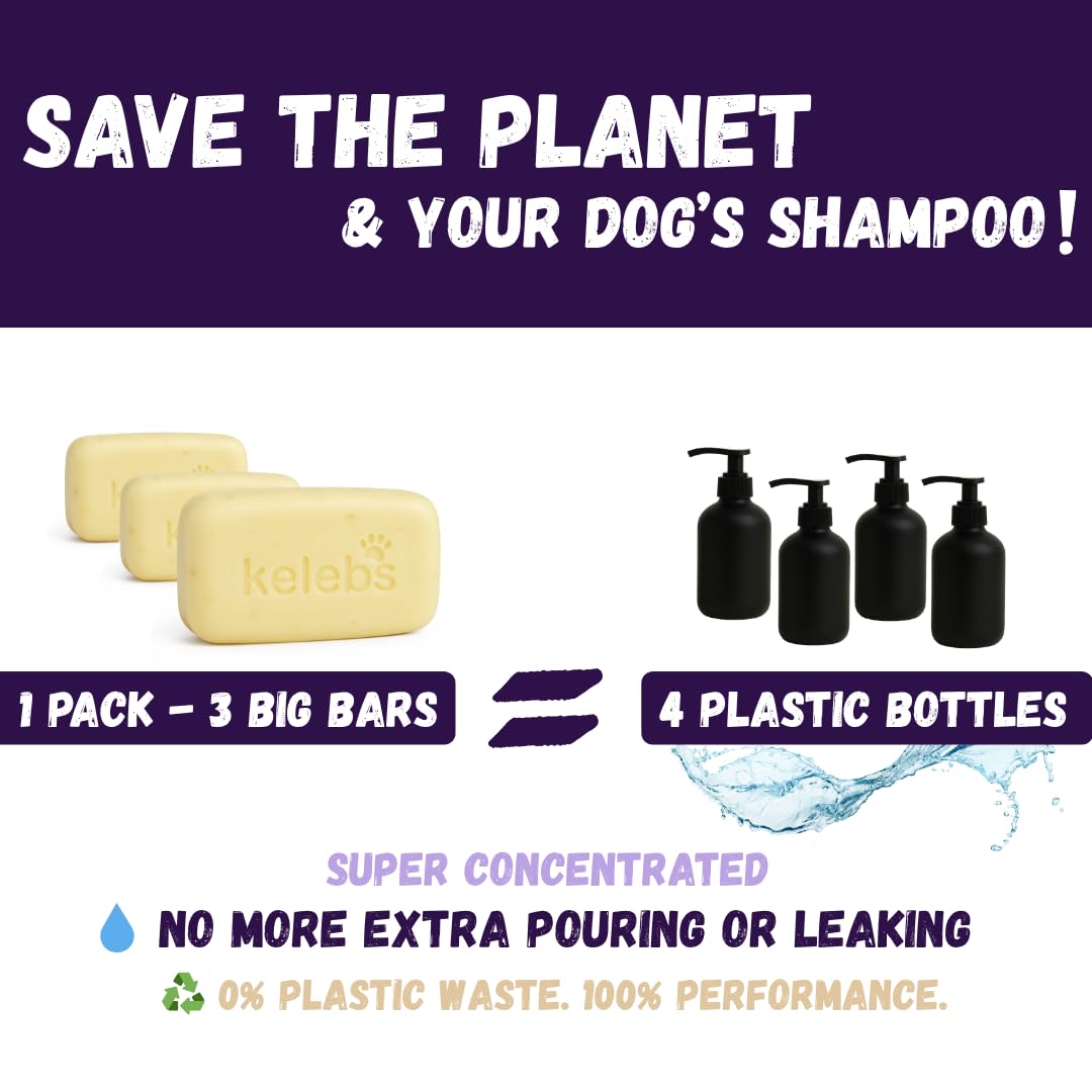 KELEBS dog shampoo bar puppy-friendly bath time scene suggests gentle cleansing for all ages.