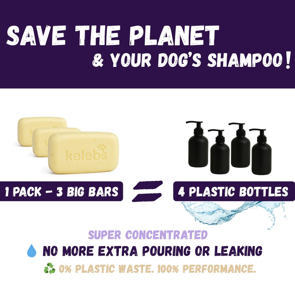 KELEBS dog shampoo bar puppy-friendly bath time scene suggests gentle cleansing for all ages.