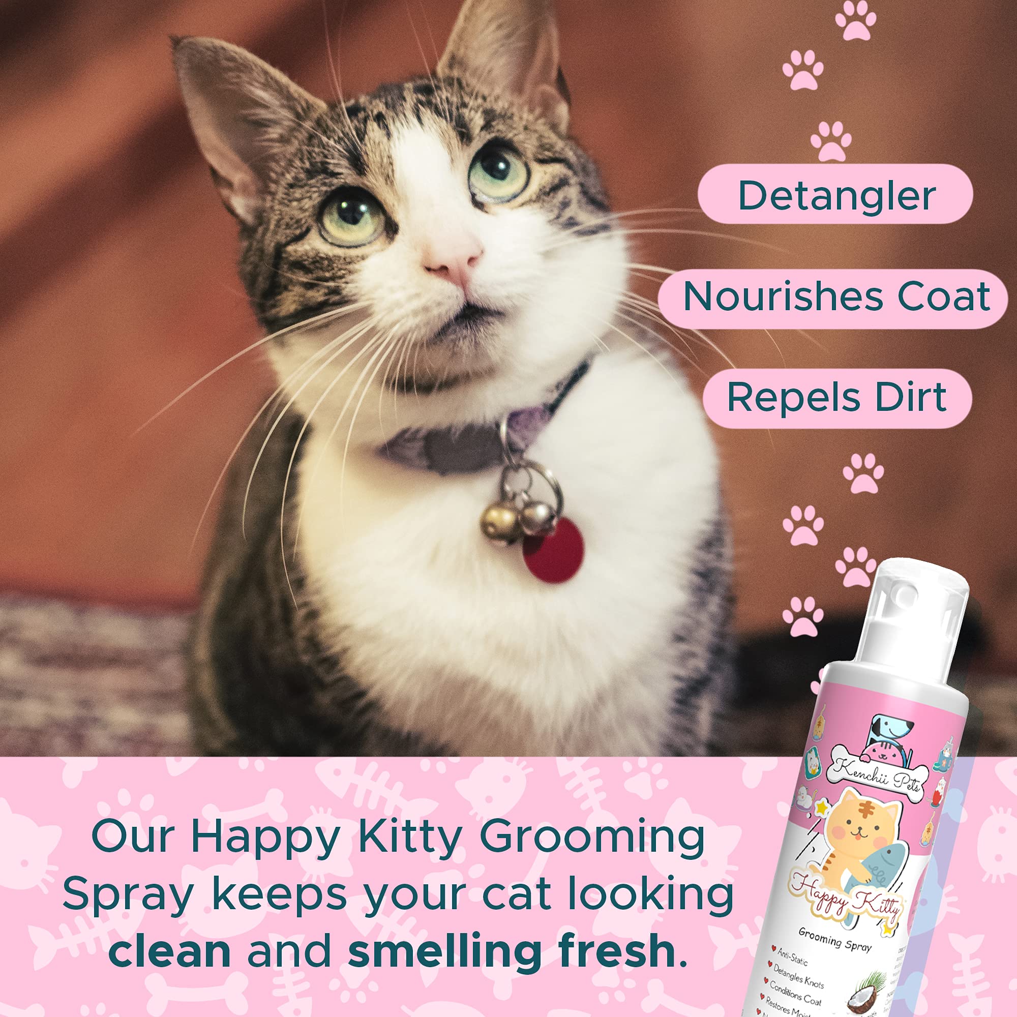 Kenchii cat detangler spray mist application demonstrates quick coat smoothing.