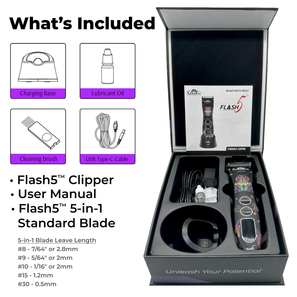 Kenchii Flash 5 Wolf Edition black clipper in grooming toolkit with wolf edition branding