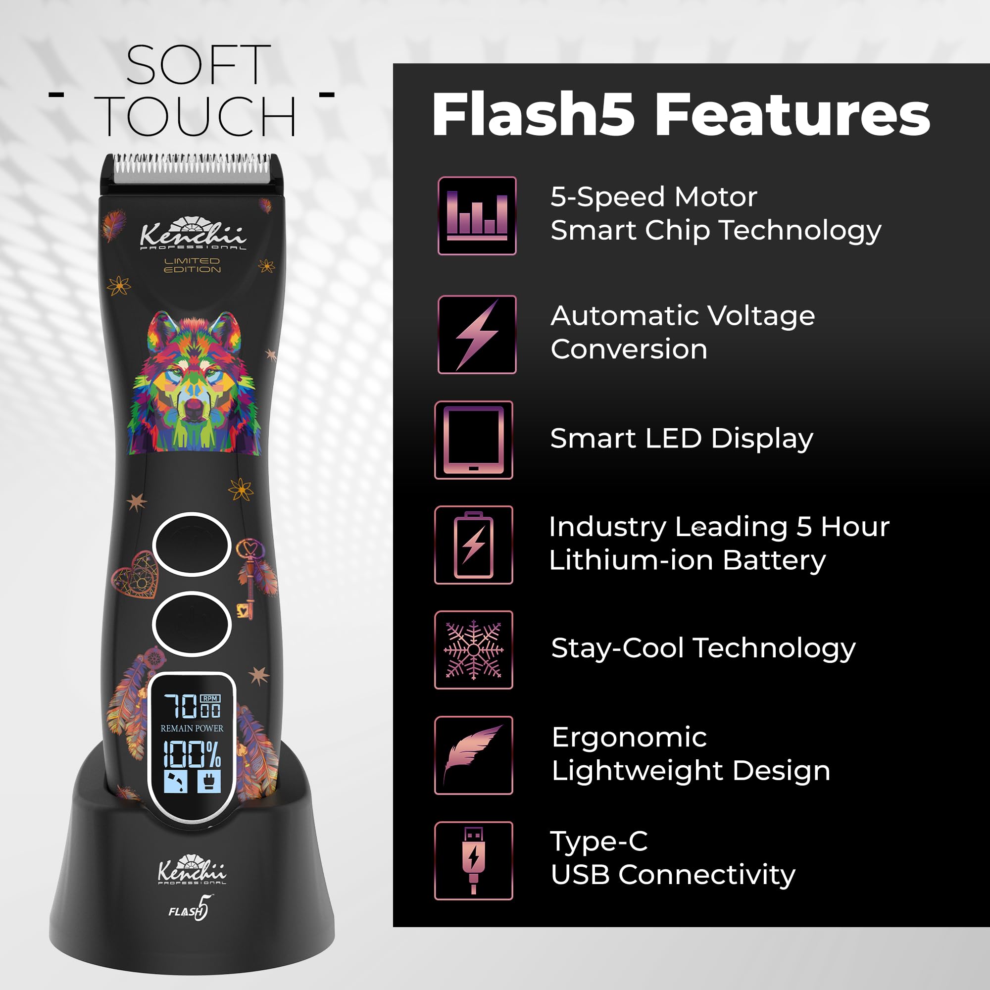 Kenchii Flash 5 Wolf Edition side profile highlighting ergonomic grip for comfortable grooming