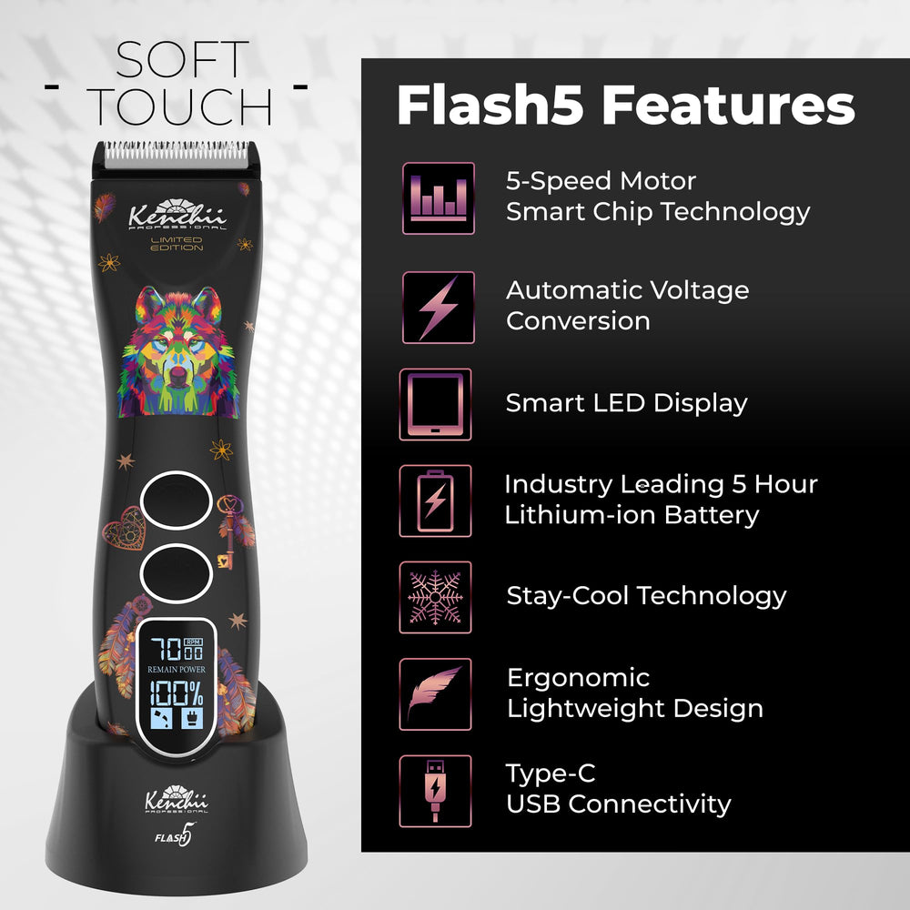 Kenchii Flash 5 Wolf Edition side profile highlighting ergonomic grip for comfortable grooming