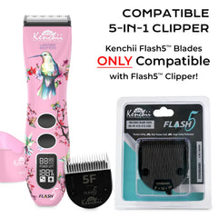 Kenchii Flash 5 stainless steel blade cut close-up demonstrates sharp edge for grooming.