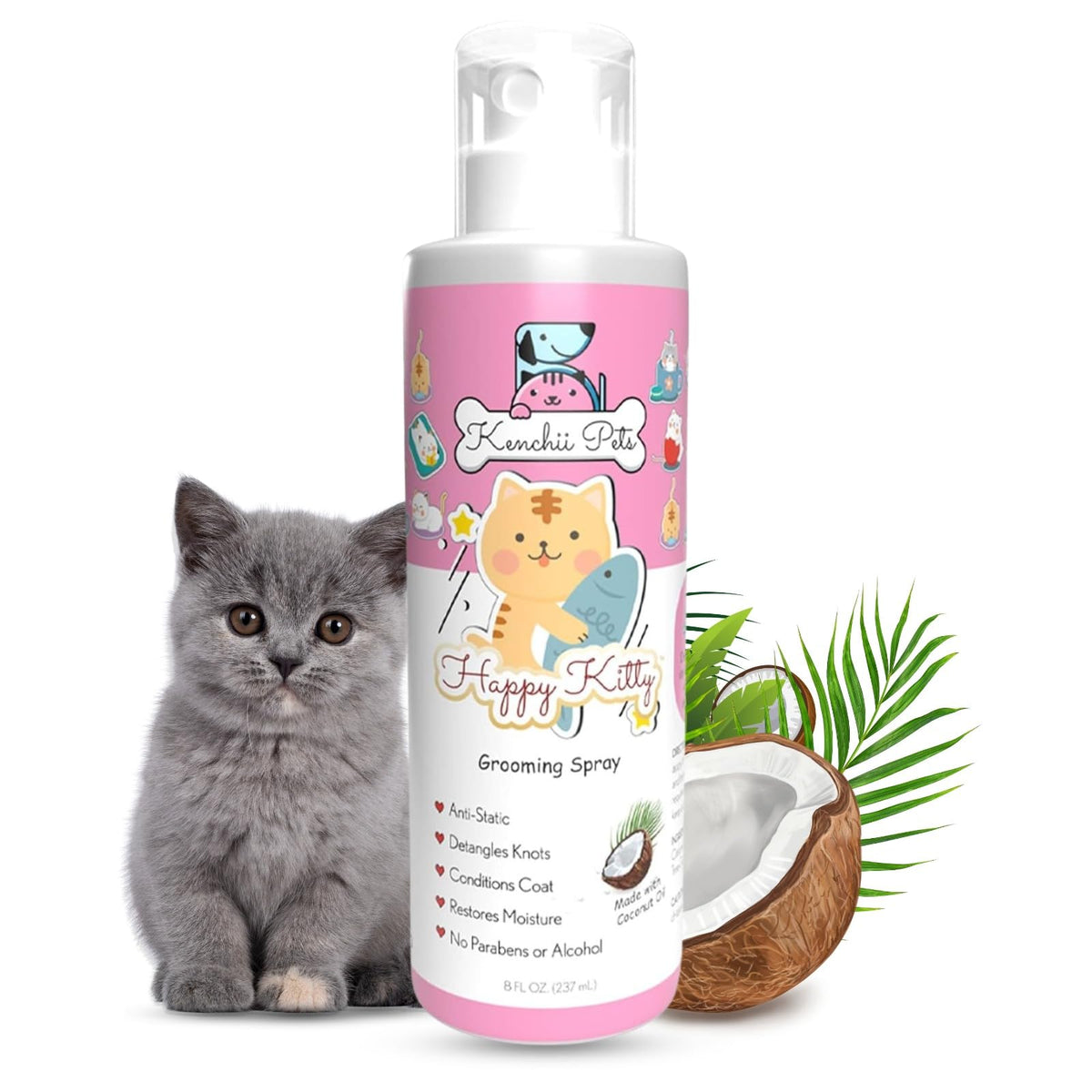 Kenchii professional pet grooming spray bottle for kittens offers detangling and fresh scent.