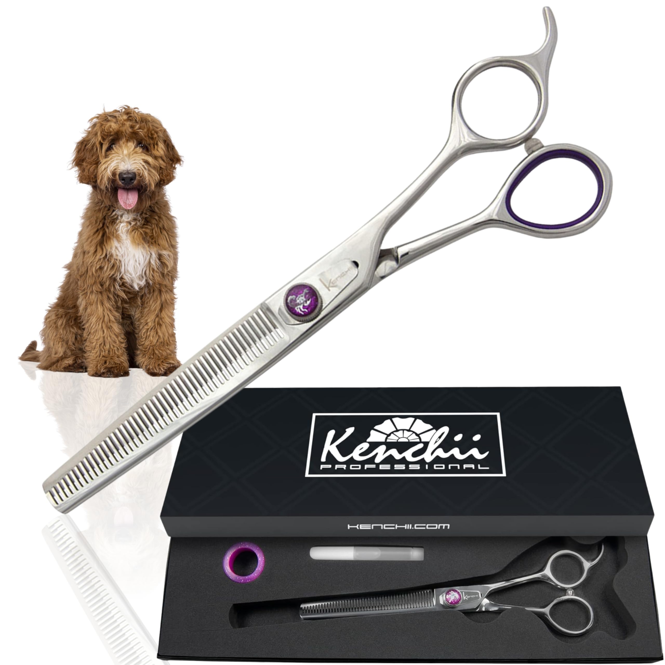 Kenchii Scorpion 46-tooth thinning shear enables precise coat thinning for dogs.