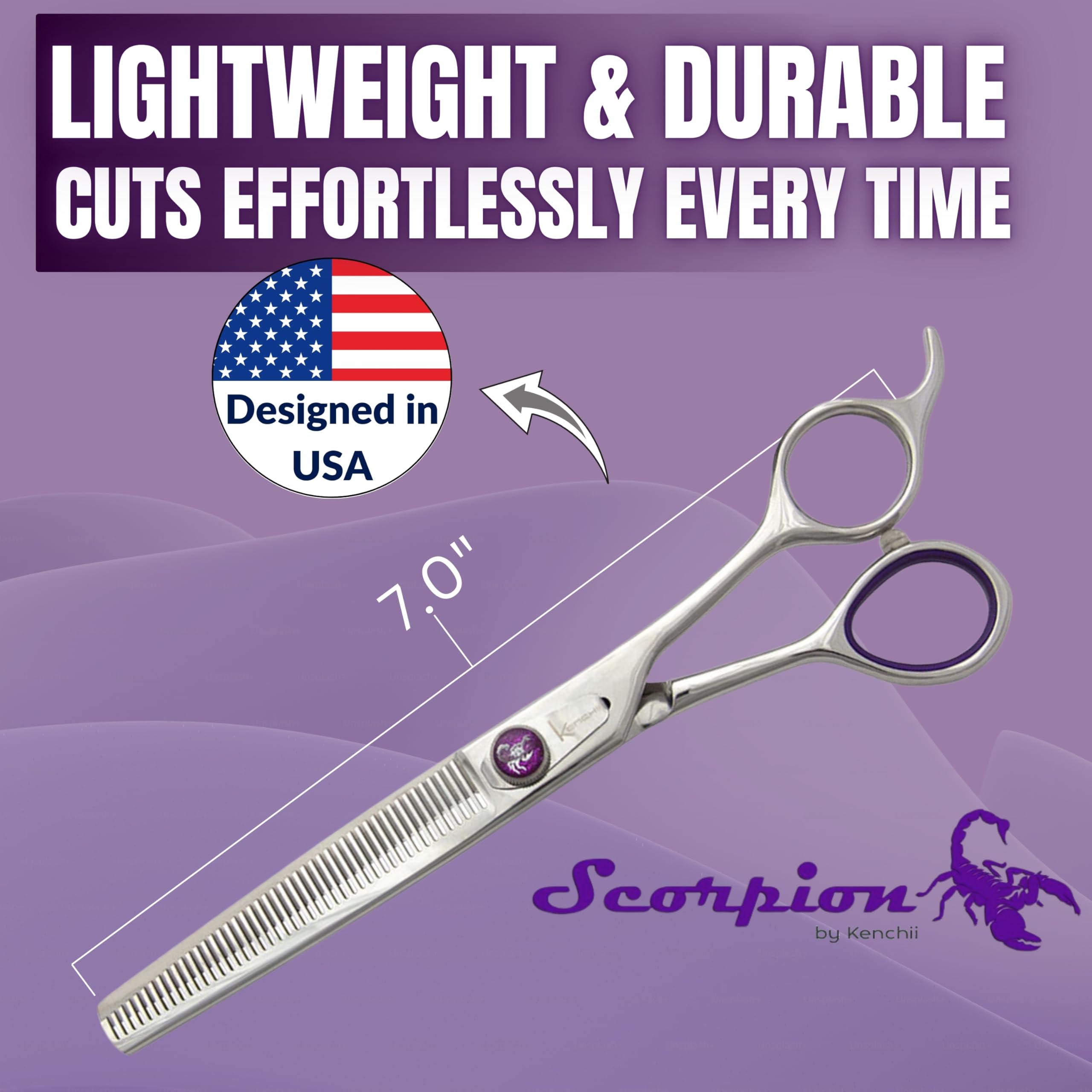 Kenchii Scorpion dog grooming scissors with comfort handle for better control.