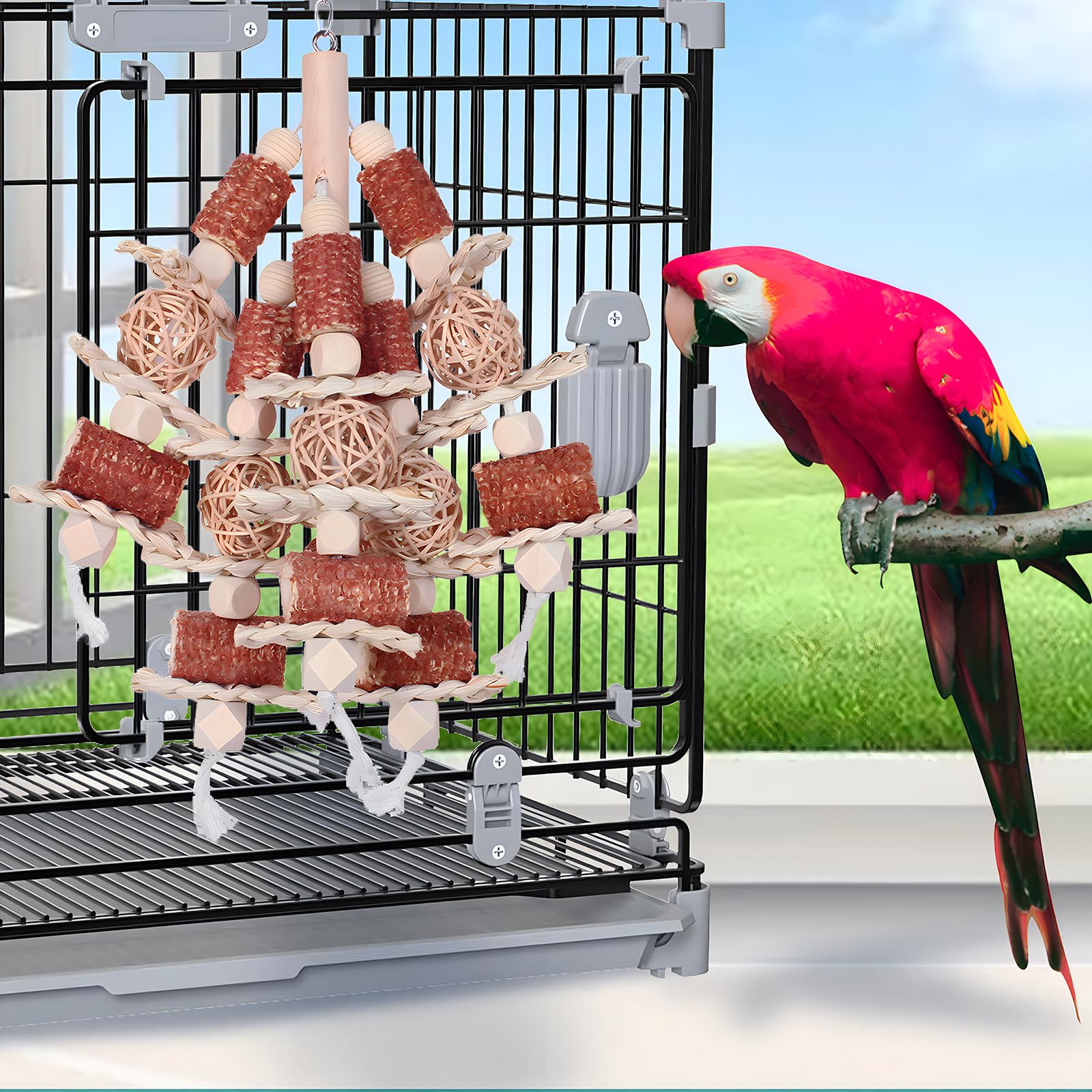 Kencunay chew-behavior stimulus toy aids natural exploration and beak coordination