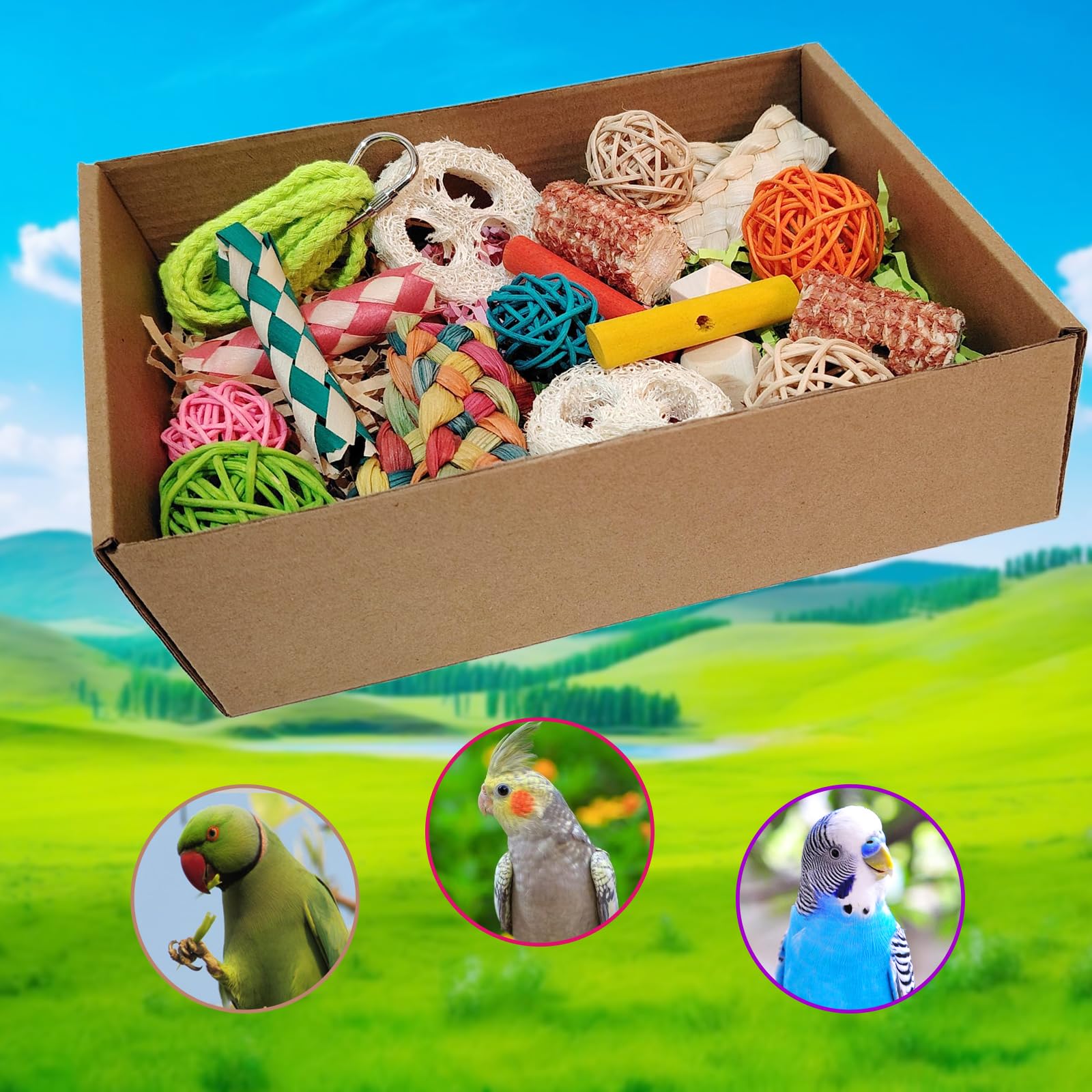 Kencunay Bird Toys materials closeup show safe natural components for beak health.