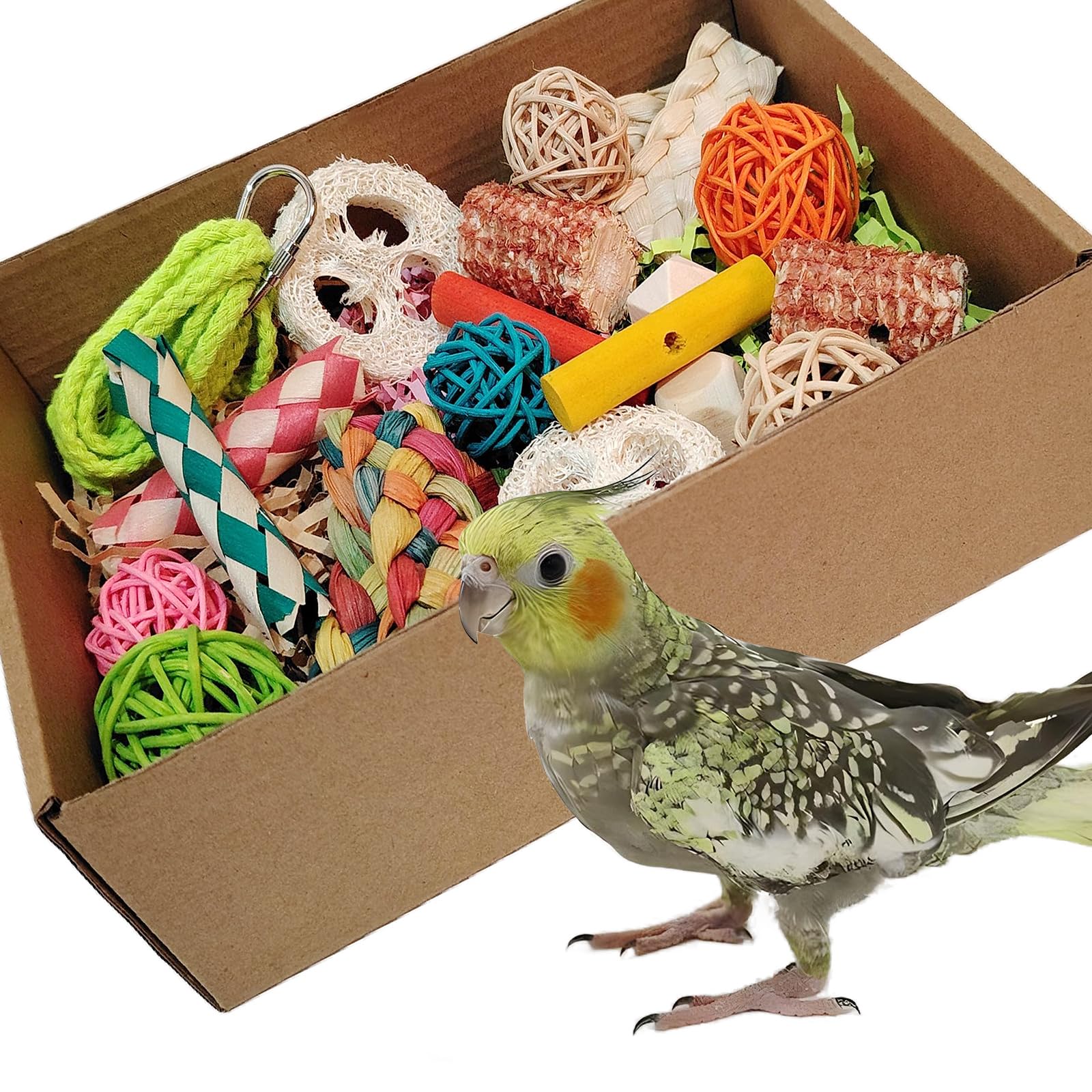 Kencunay Bird Toys open package showcases colorful foraging setup for curious parrots.