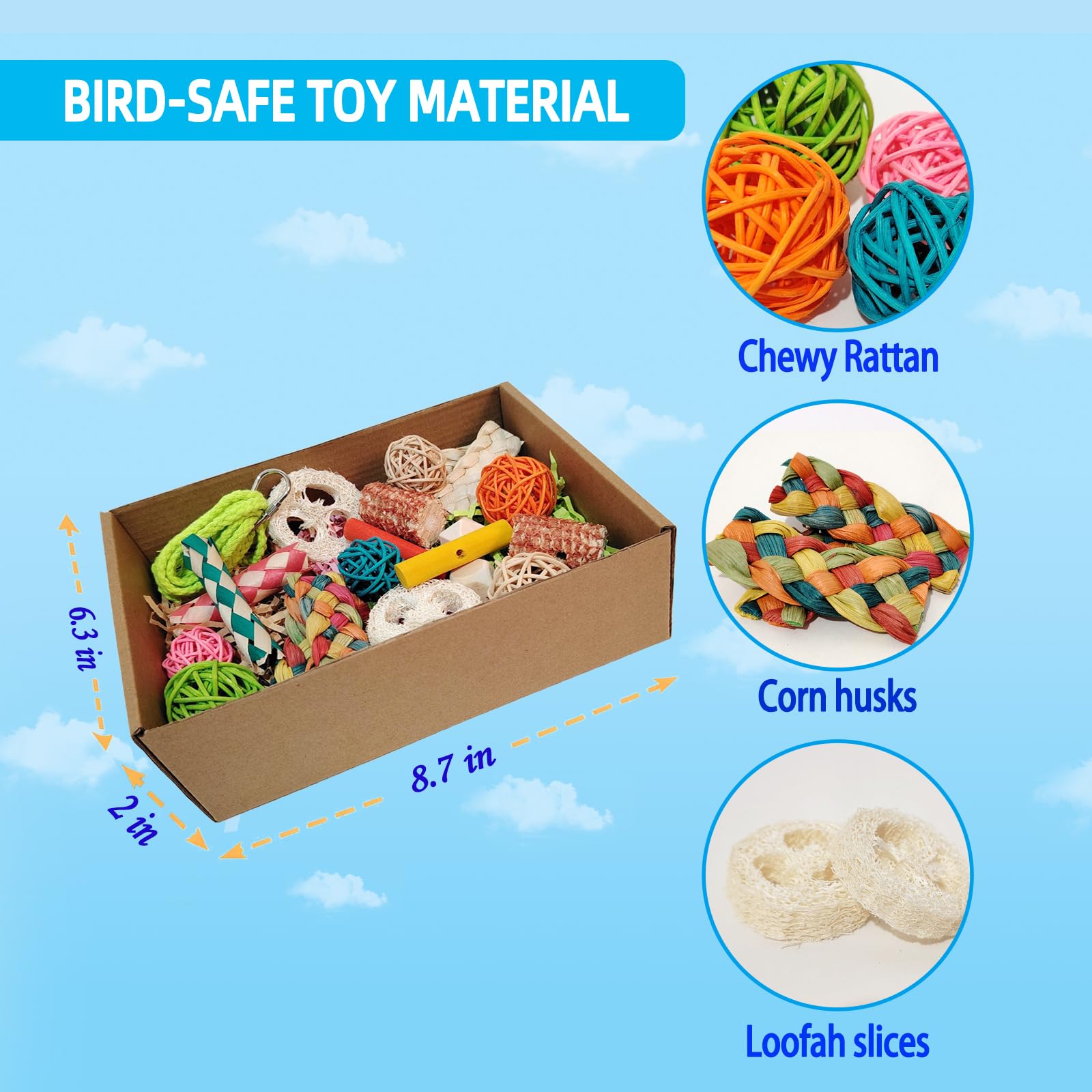 Kencunay Bird Toys size 8.7x6.3 inches supports medium parrots during playtime.