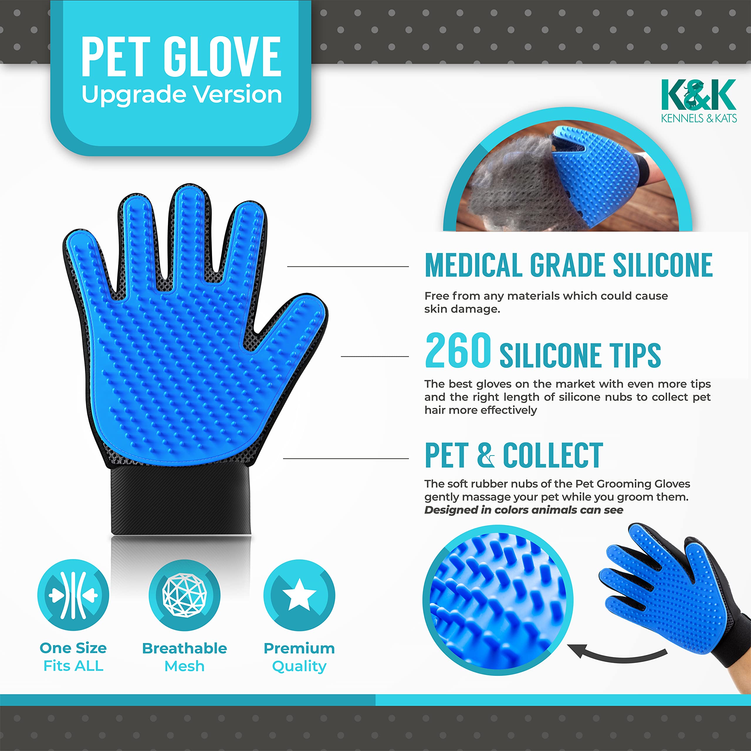 KENNELS & KATS grooming gloves on hand demonstrate easy use for quick fur pickup.