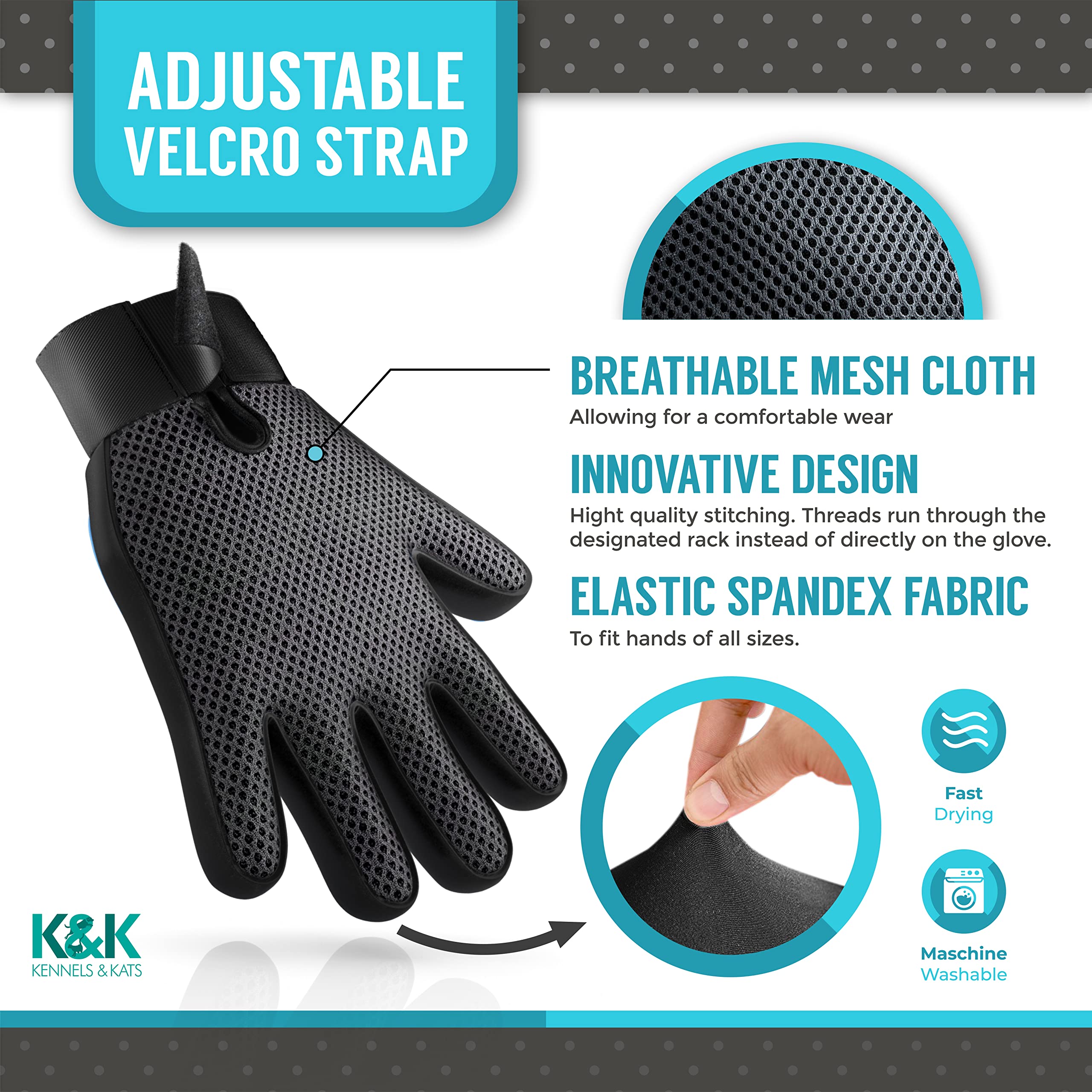 KENNELS & KATS silicone tips detangle coat and promote circulation during grooming session.