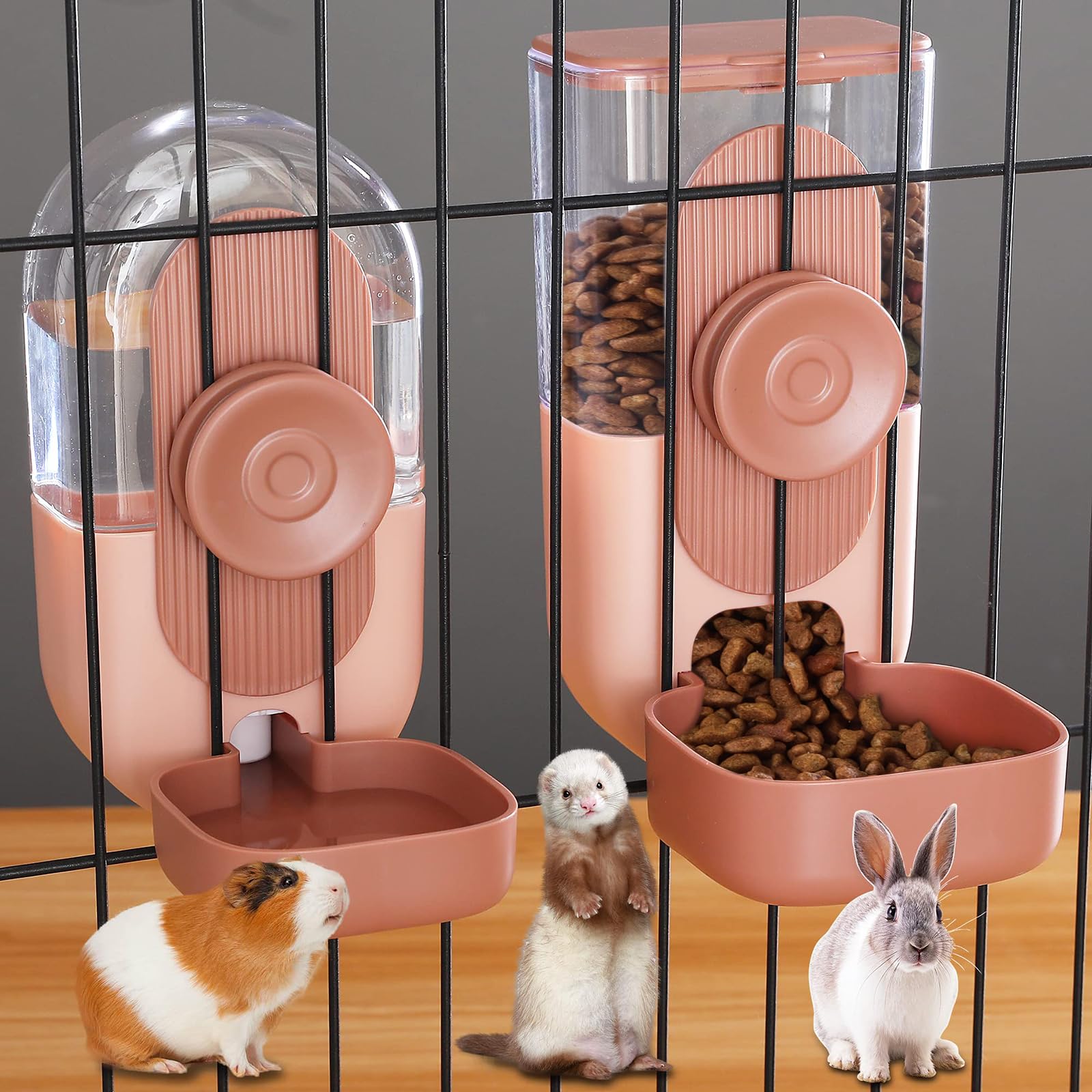 Kenond hanging auto feeder-waterer pink mounted on a cage for convenient feeding.