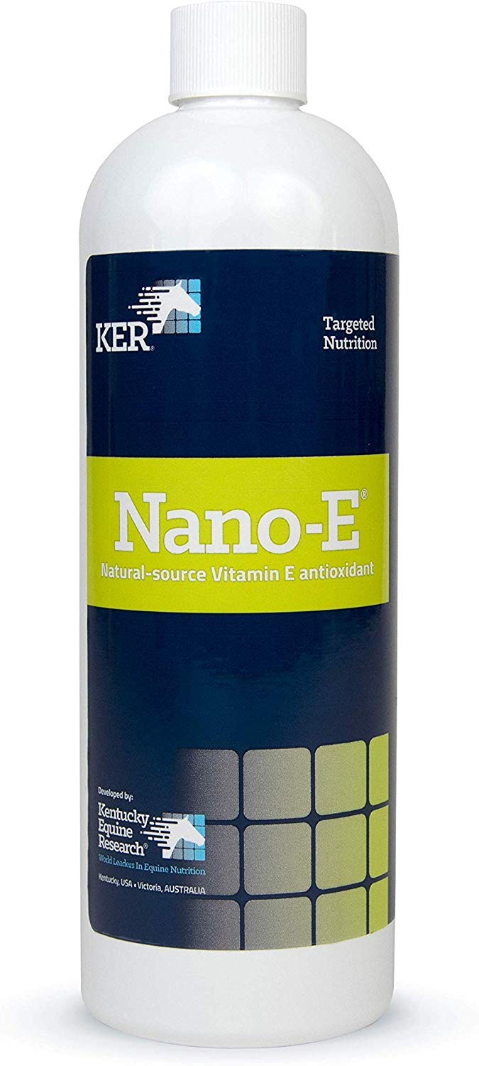 Kentucky Equine Research Nano-E bottle closeup illustrates easy dosing for antioxidant support.