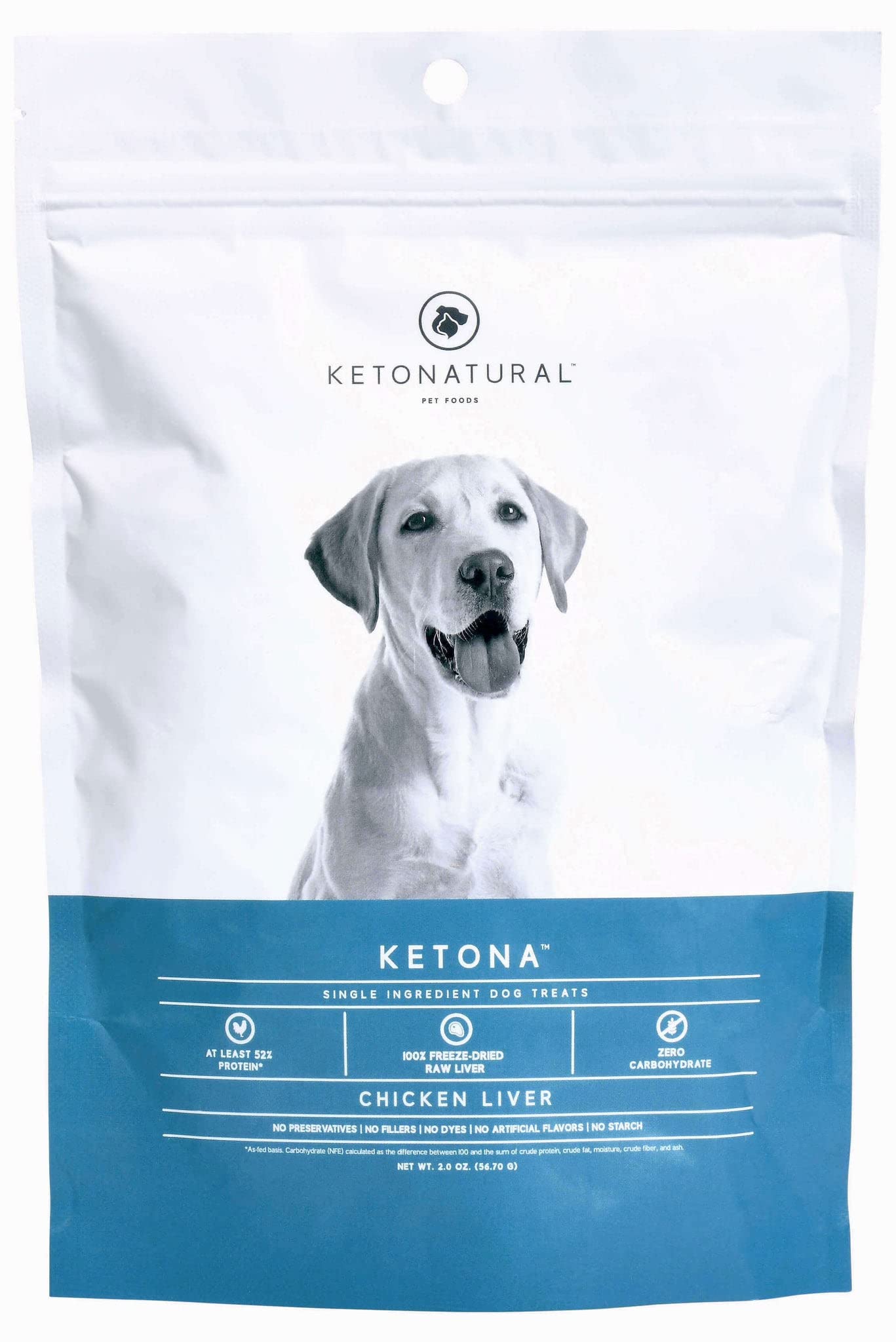 Ketona zero carb chicken liver dog treats bag on countertop highlighting high-protein snack