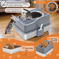 Kettnjoy stainless steel enclosed litter box features a durable surface for easy cleaning and odor control.