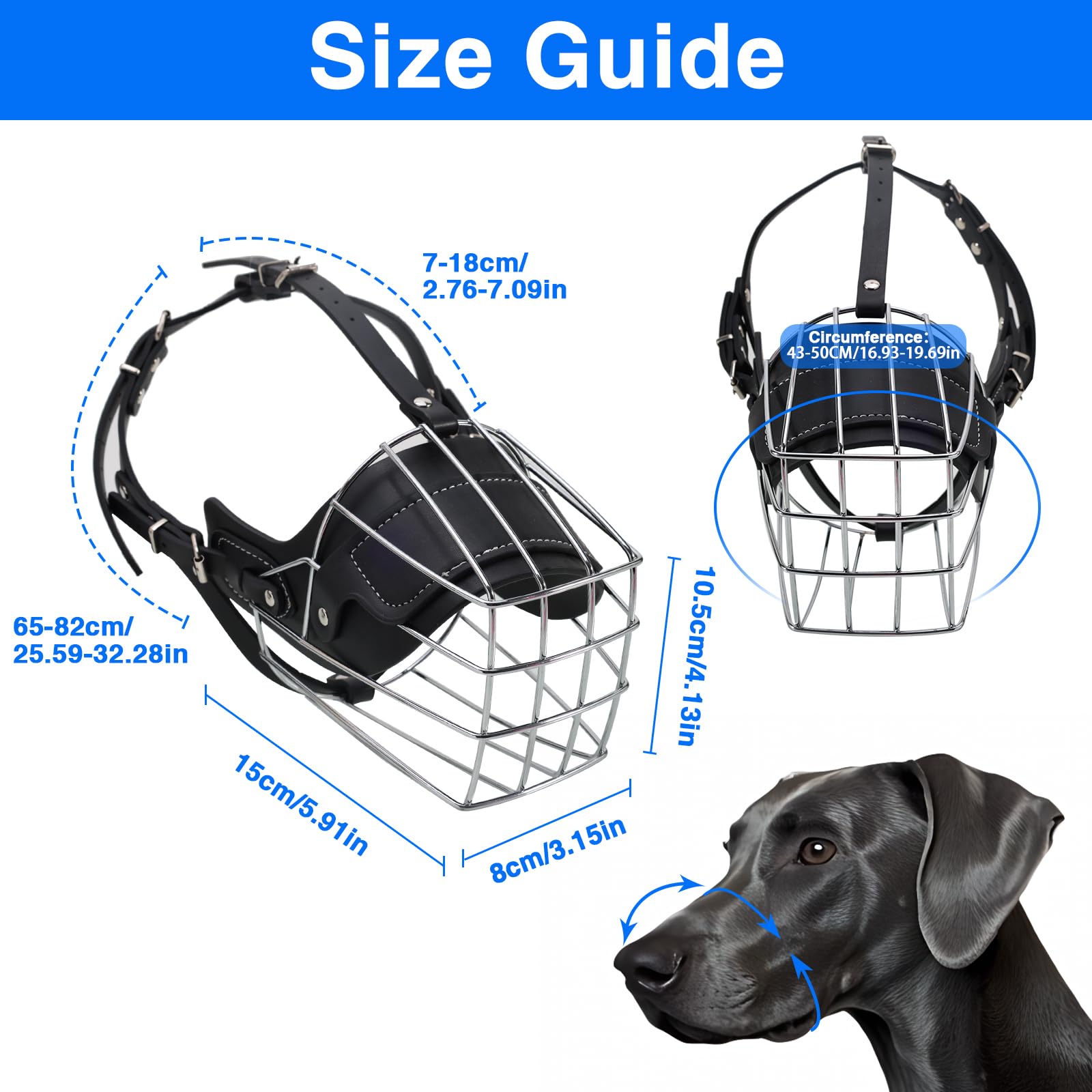 KEUYE Great Dane Muzzle side strap demonstrates adjustable fit for large dogs.