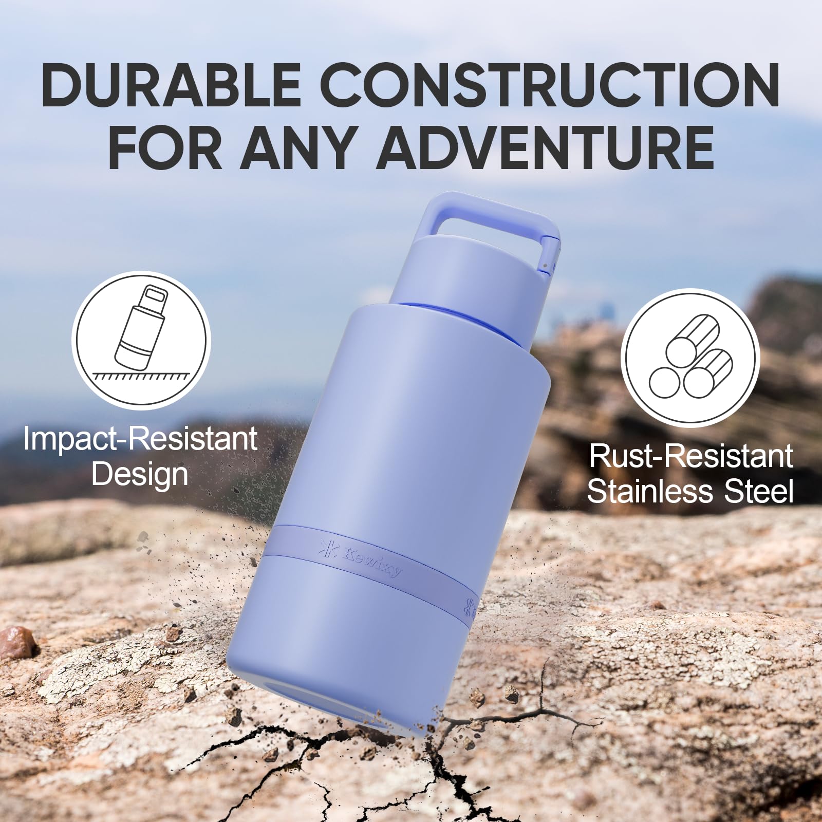 KEWIXY carabiner-handle design image highlights portable travel companion for car, hikes, and camping.