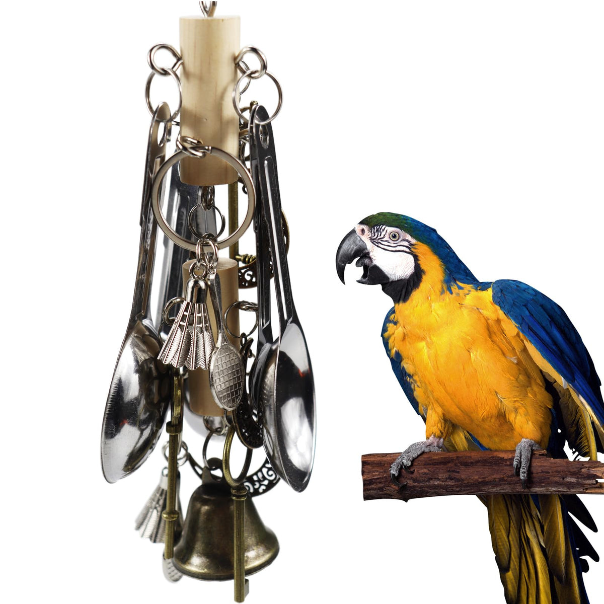 Kewkont Bird Hanging Chew Toy macaw spoons and bells for safe chewing and enrichment