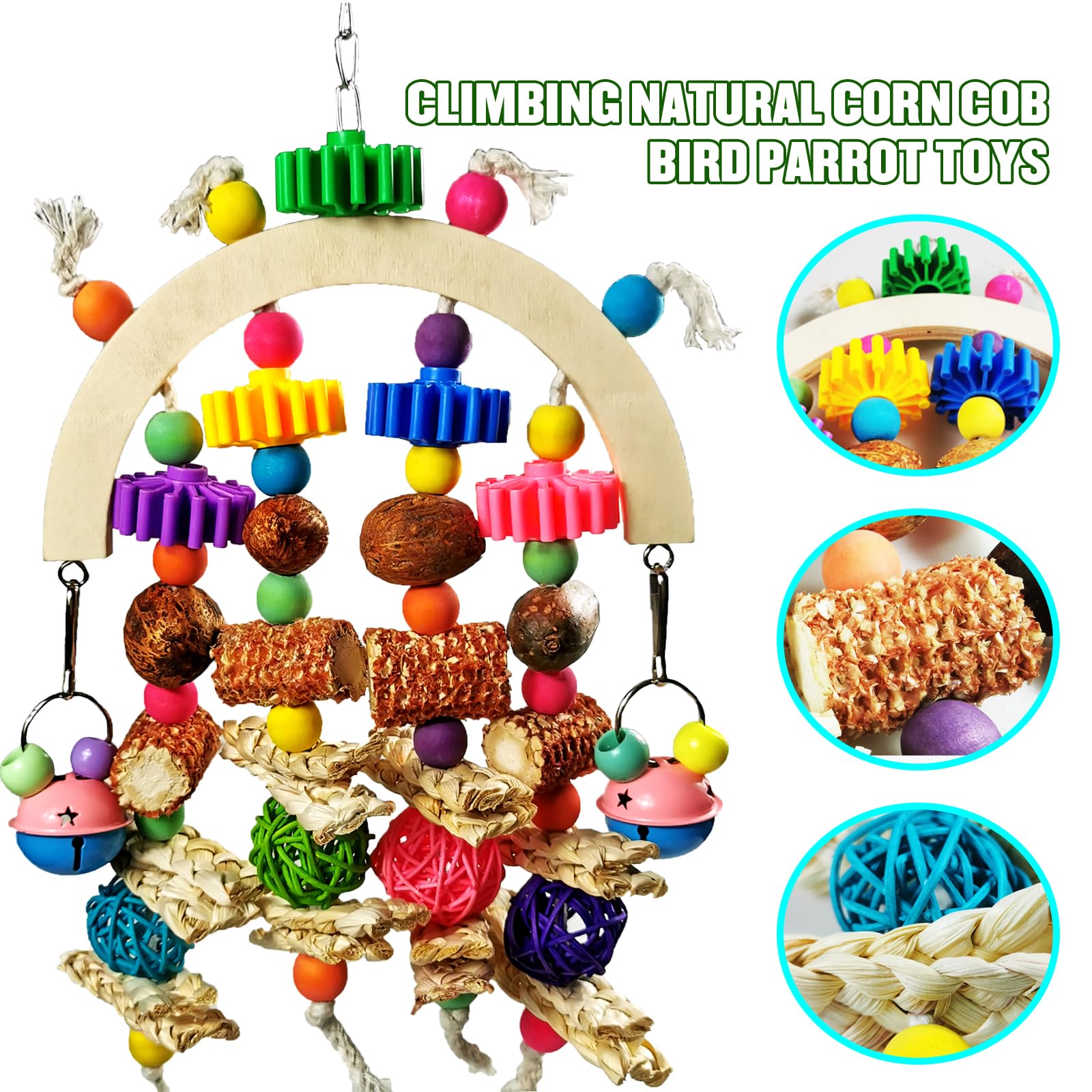 Kewkont bird toys natural-rattan-ball closeup highlights tactile rattan texture for exploration.