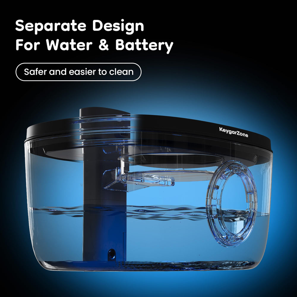 Keygarzone wireless fountain battery compartment enables up to 60 days of cordless use.