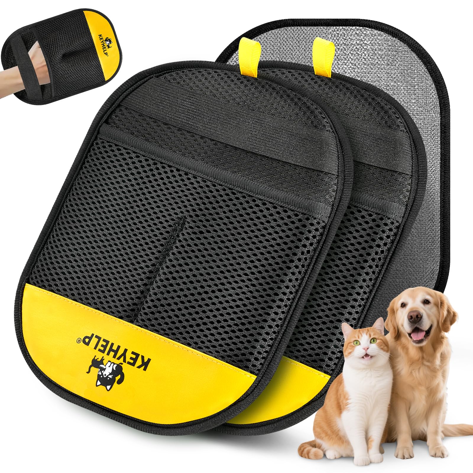 KEYHELP pet hair removal glove on sofa shows fast, reusable fur removal for clean furniture.