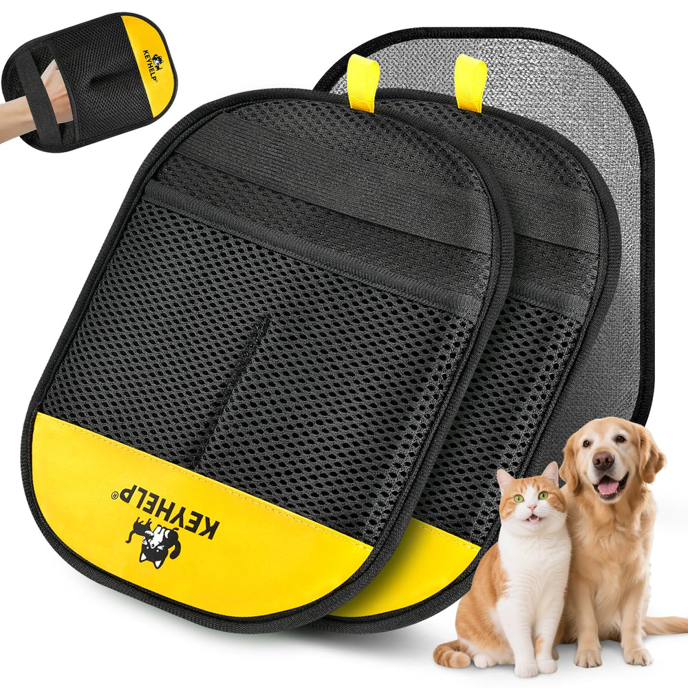 KEYHELP pet hair removal glove on sofa shows fast, reusable fur removal for clean furniture.