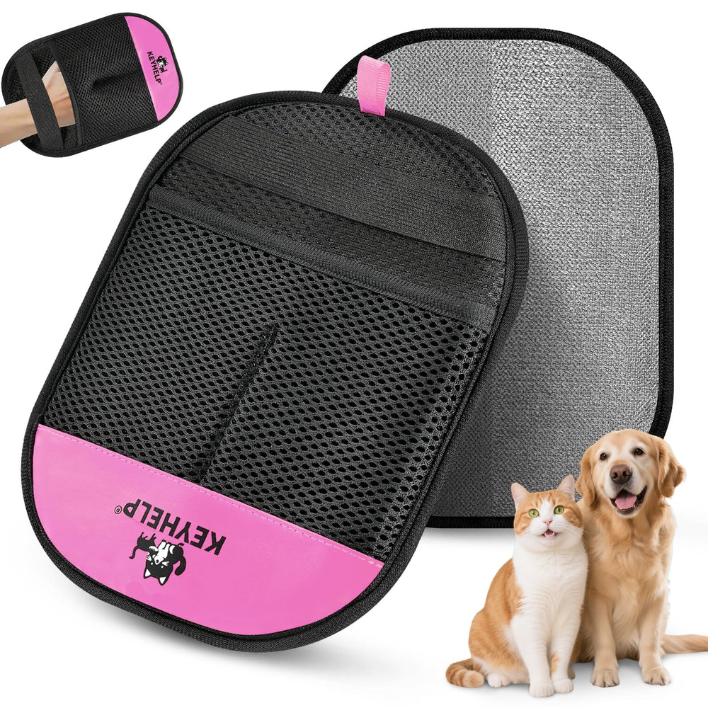 KEYHELP pet hair removal glove on hand for quick sofa cleaning and lint-free results.
