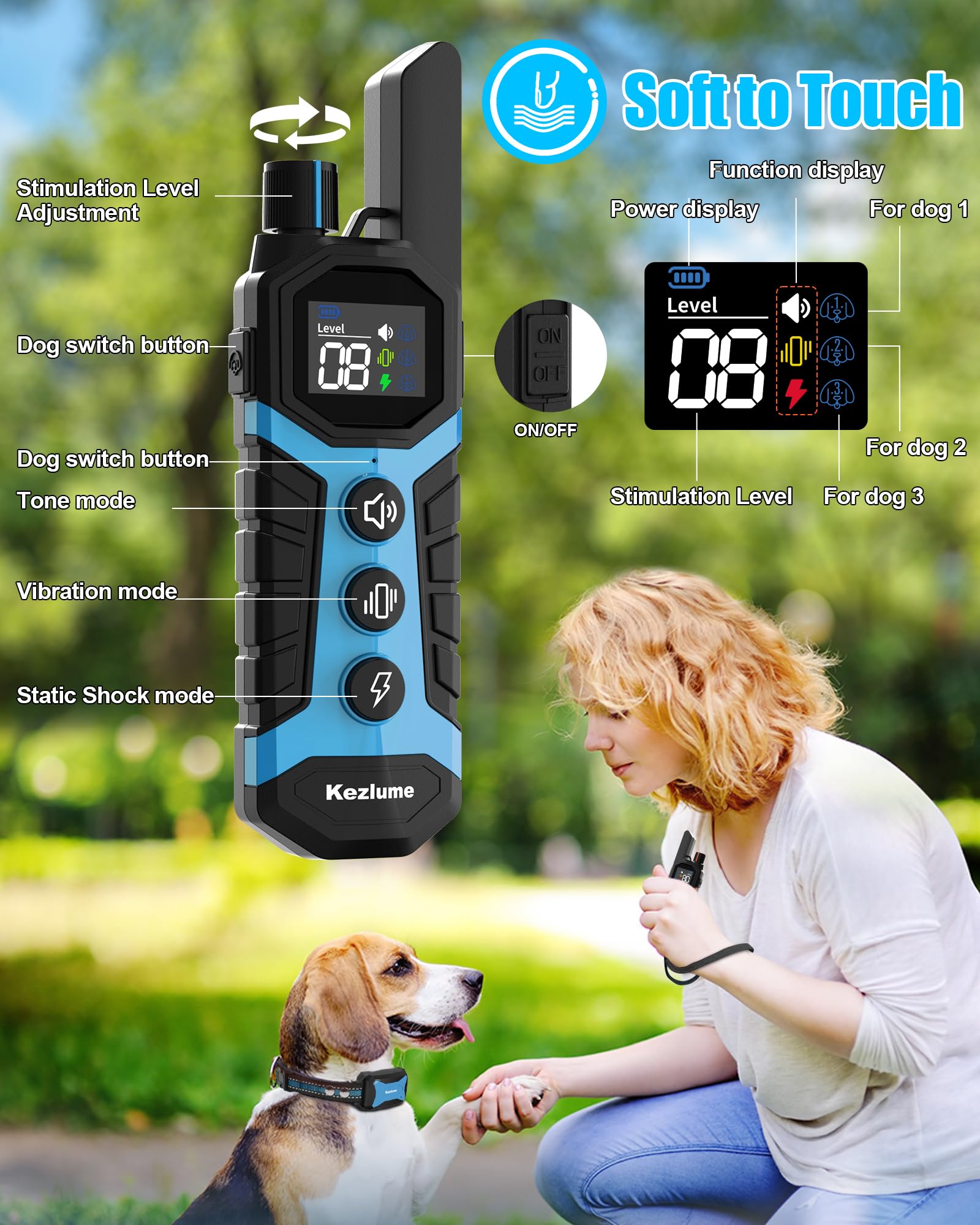 Kezlume dual-channel remote supports training multiple dogs with independent controls.