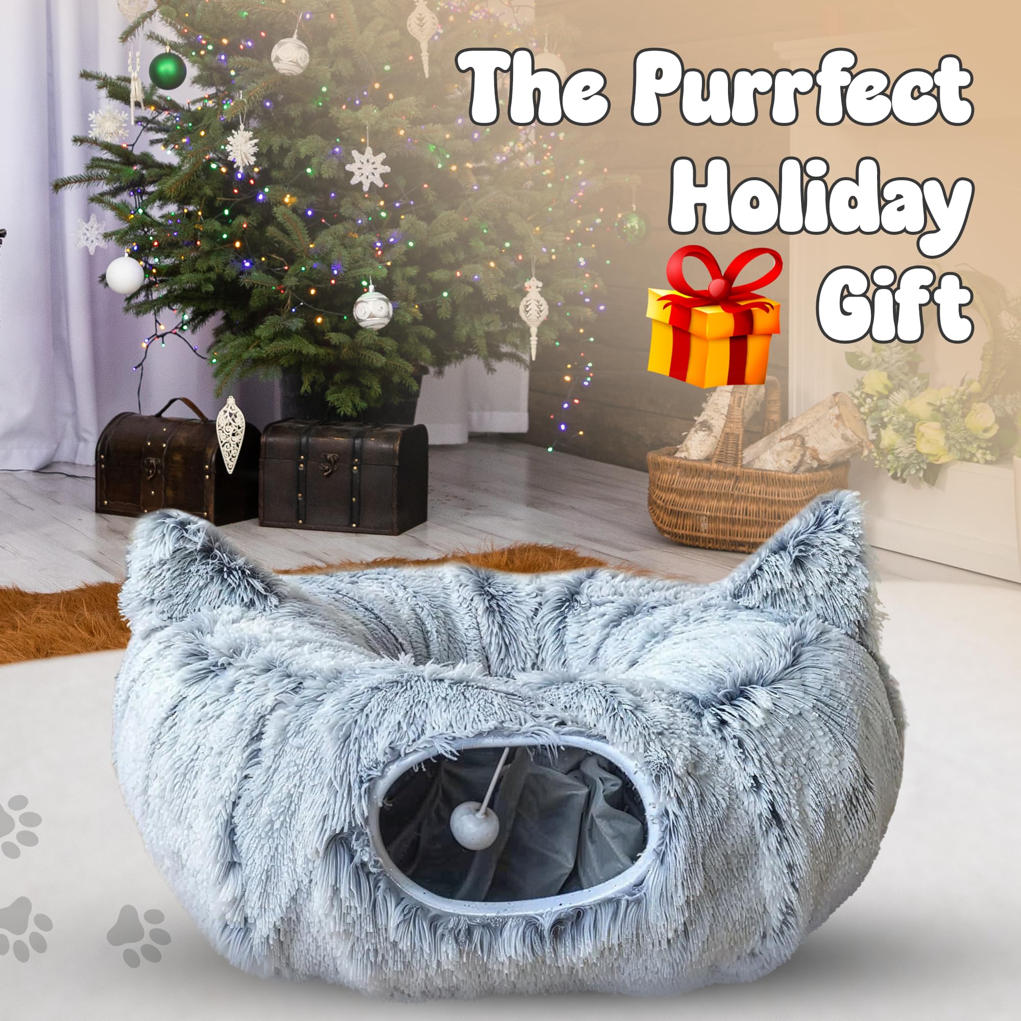 K&G SMART SHOP SOLUTIONS Cat Donut Tunnel Bed under Christmas tree adds a cute home accent
