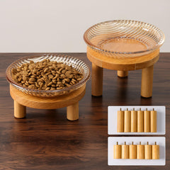 KGCCIZI whisker-friendly cat bowls in amber glass with wooden stand reduce whisker contact during meals.