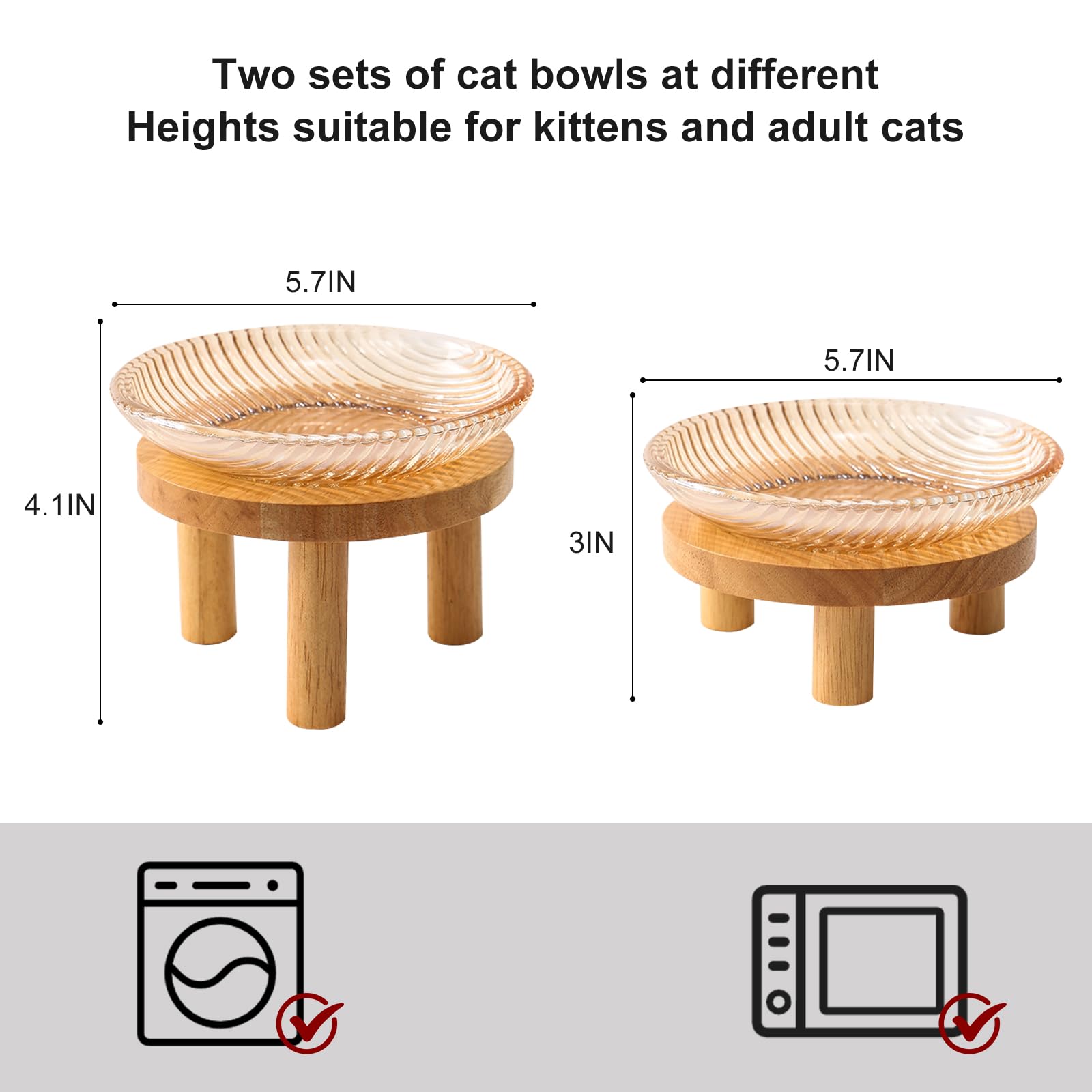 KGCCIZI elevated cat bowls with wooden stands show two-height design for kitten and adult cats, promoting comfortable meals.