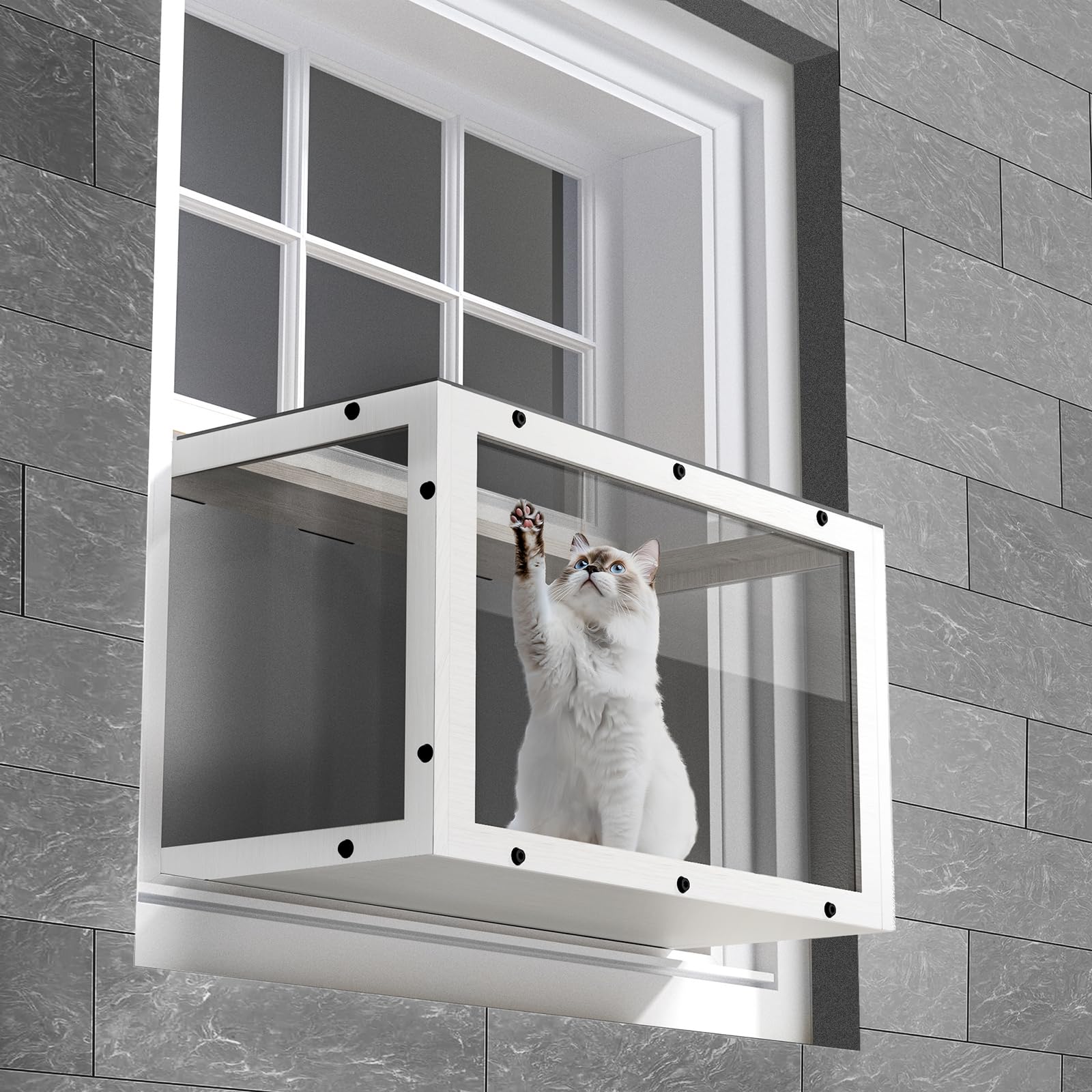 KGCCIZI Window Cat Perch Catio wooden frame shows sturdy support for indoor viewing.