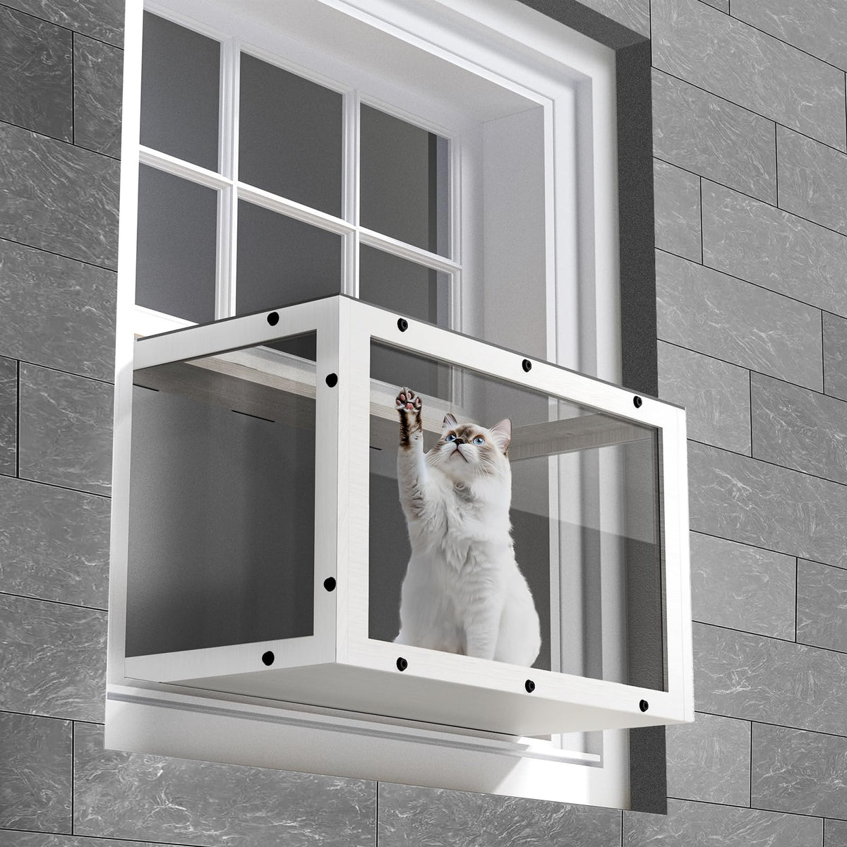 KGCCIZI Window Cat Perch Catio wooden frame shows sturdy support for indoor viewing.