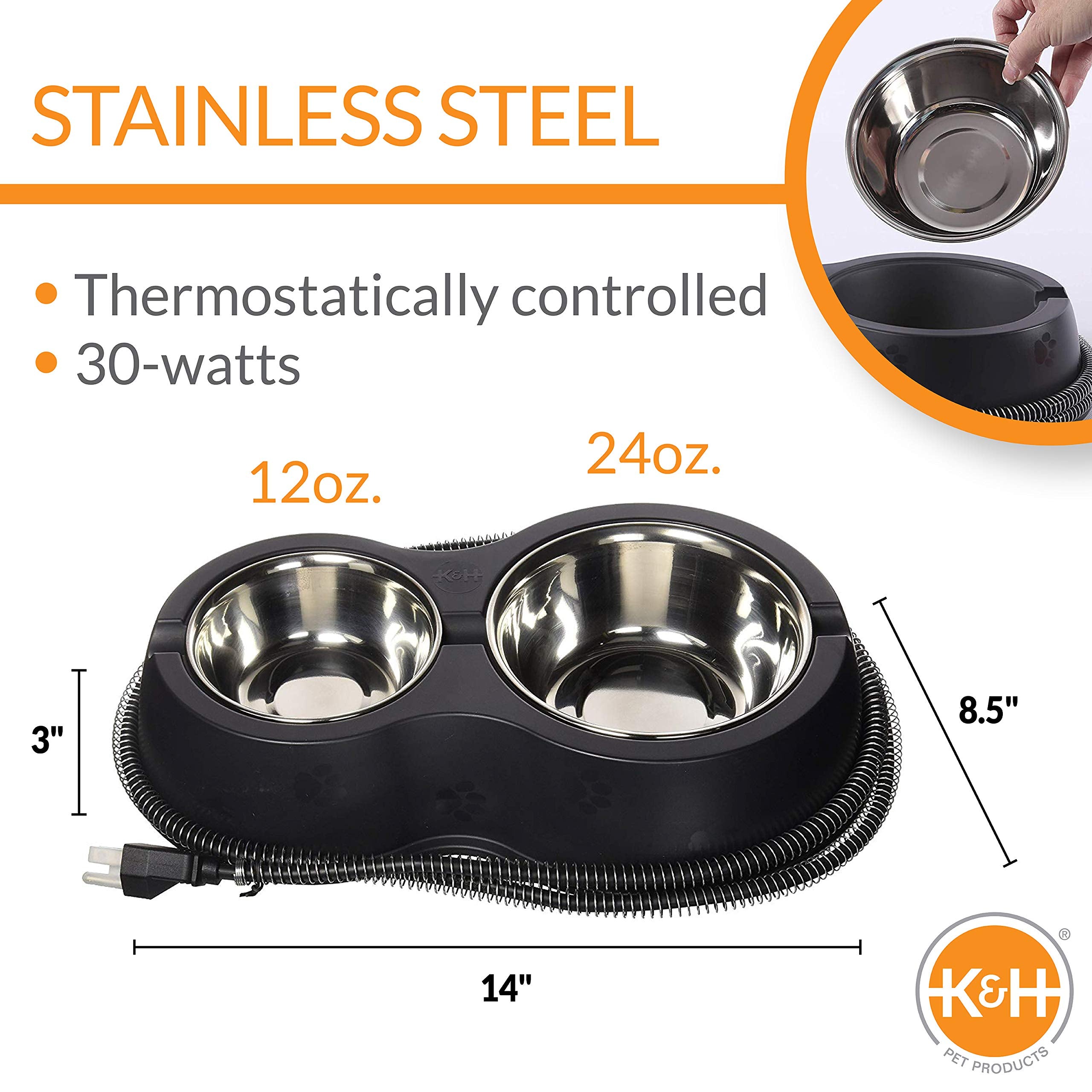 K&H stainless steel bowls close-up with removable design for easy cleaning