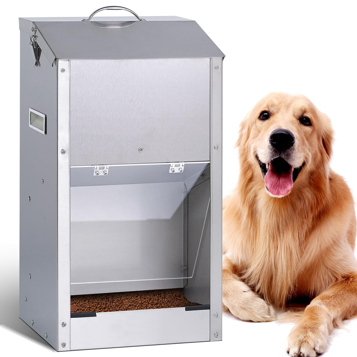 KHEARPSL automatic dog feeder outdoor stainless steel front view supports weather resistance.