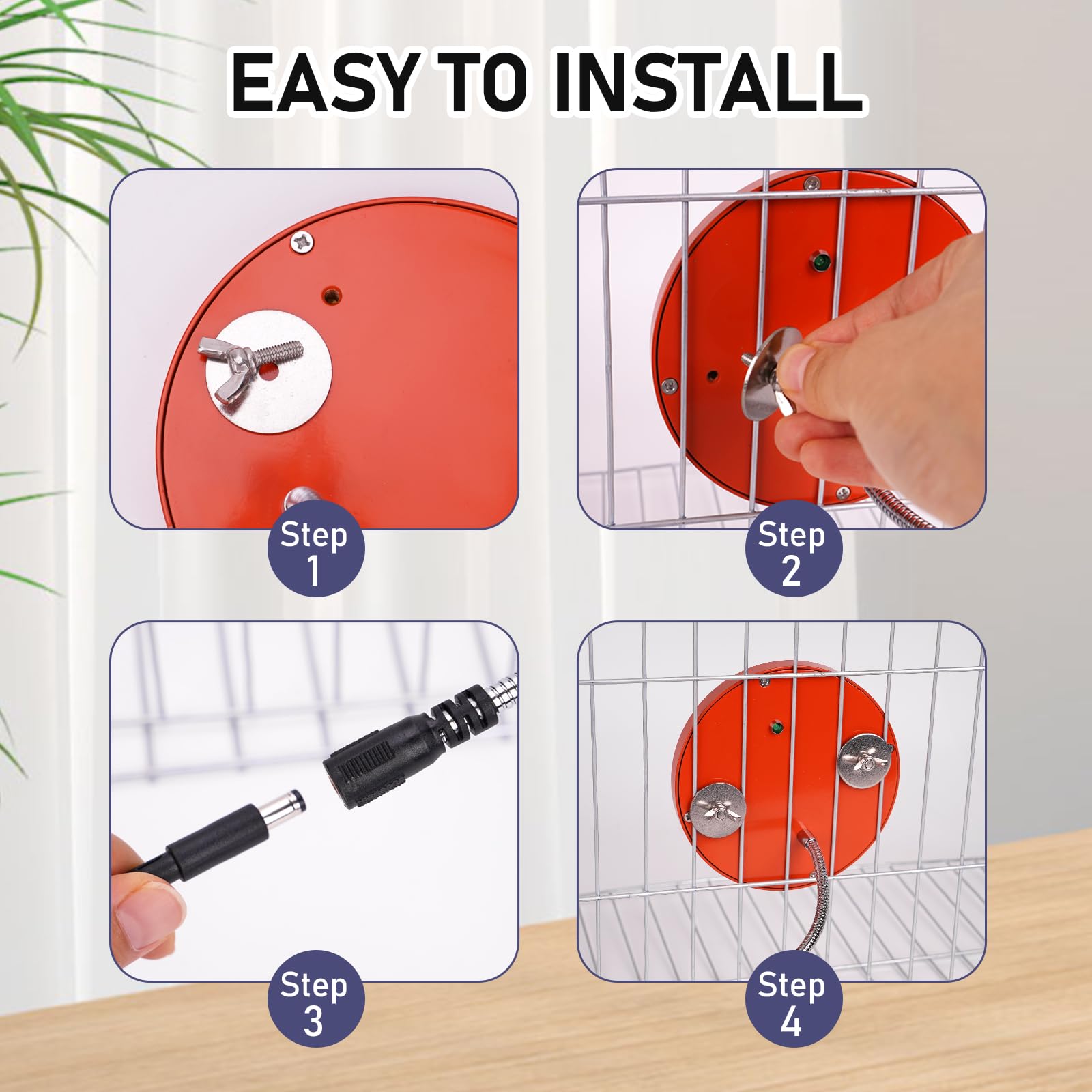 KHEARPSL bird heater in-use in cage provides warmth and enrichment.
