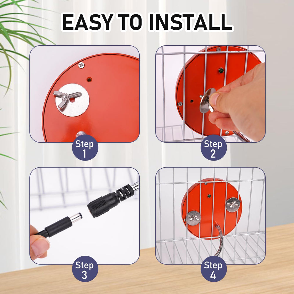 KHEARPSL bird heater in-use in cage provides warmth and enrichment.