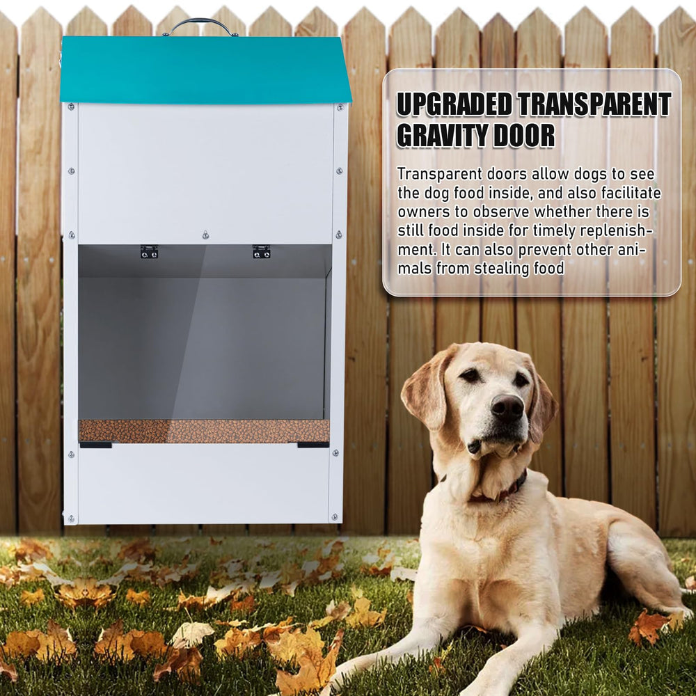 KHEARPSL dog feeder shows transparent gravity door for visible food levels.