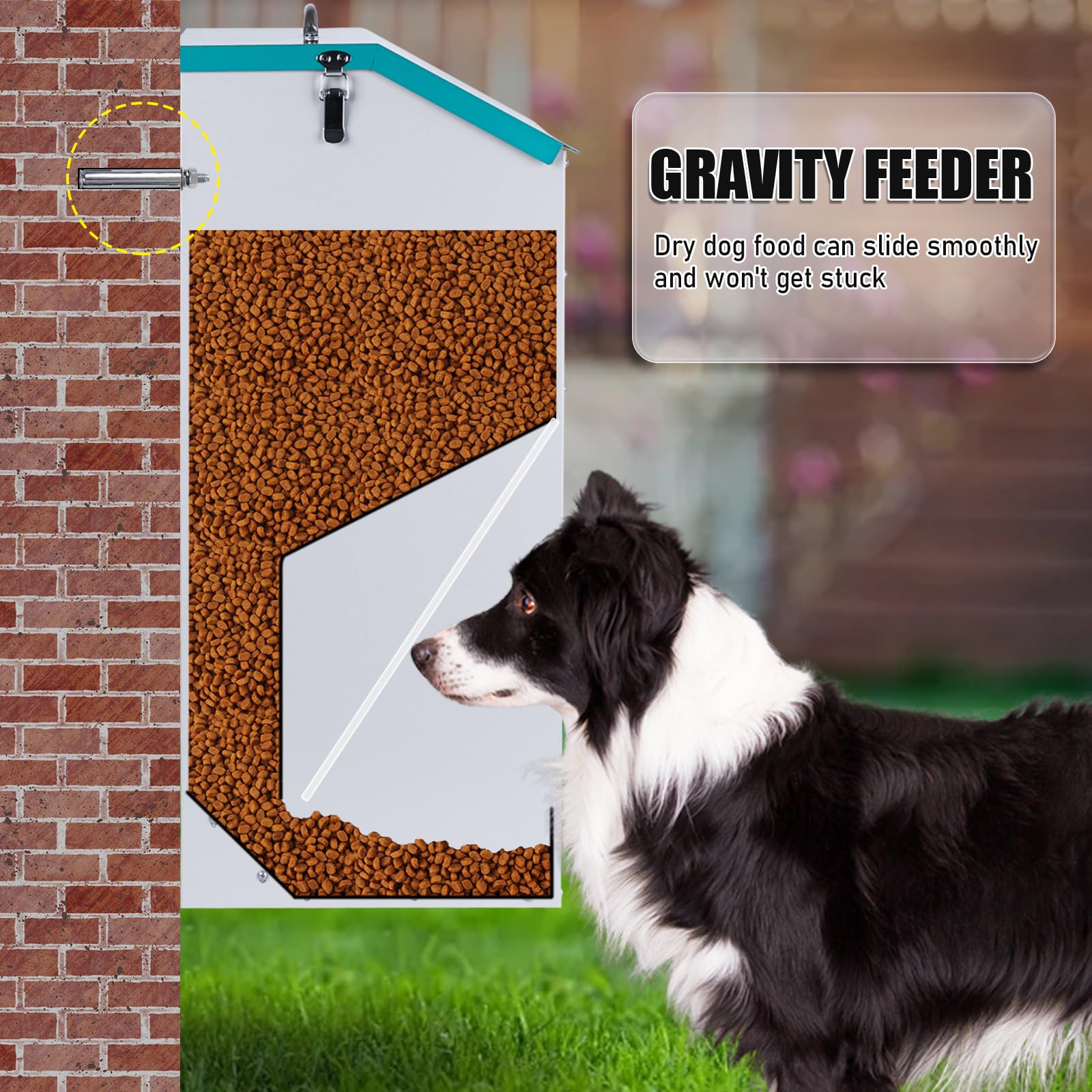 KHEARPSL dog feeder with mounting holes for fence or wall installation.