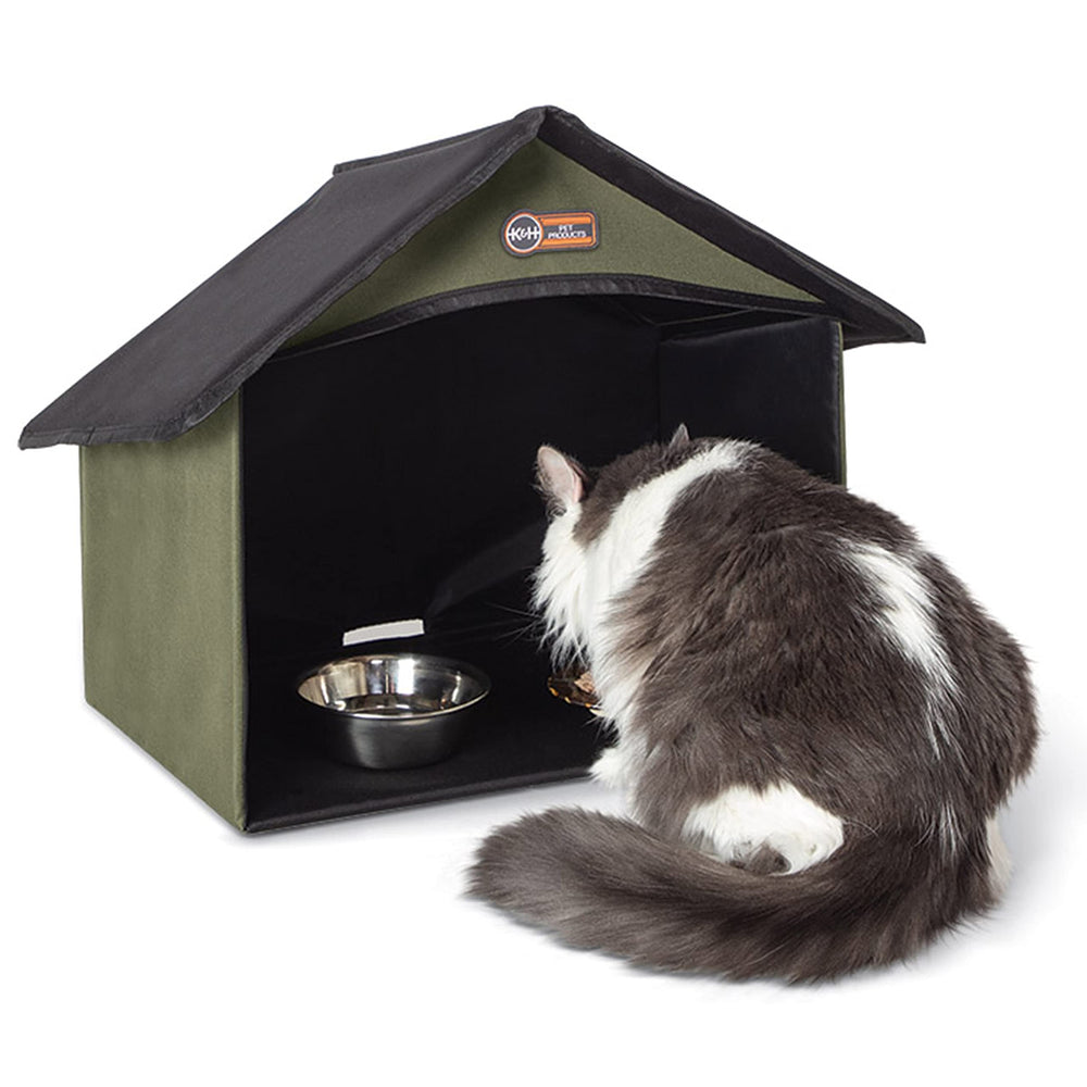 K&H Pet Products Outdoor Kitty Dining Room Shelter front view; weather-protected feeding station.