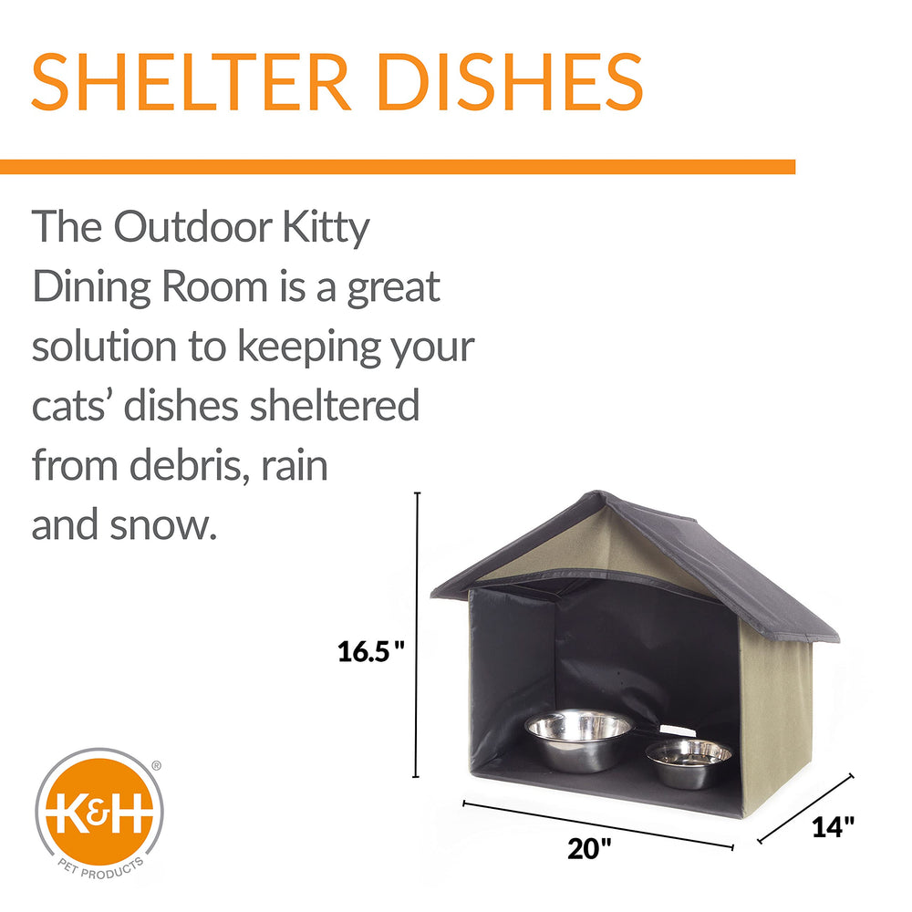K&H Pet Products shelter roof detail; angled design sheds rain and snow away from bowls.