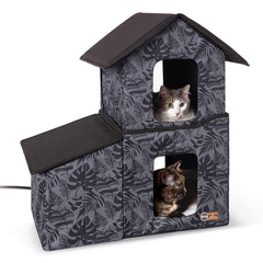 K&H Pet Products two-story heated kitty-house with dining-room in gray-leaf offers warmth and feeding security.