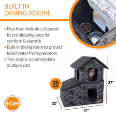 K&H Pet Products dining-room view of the two-story heated kitty house highlights secure feeding area.