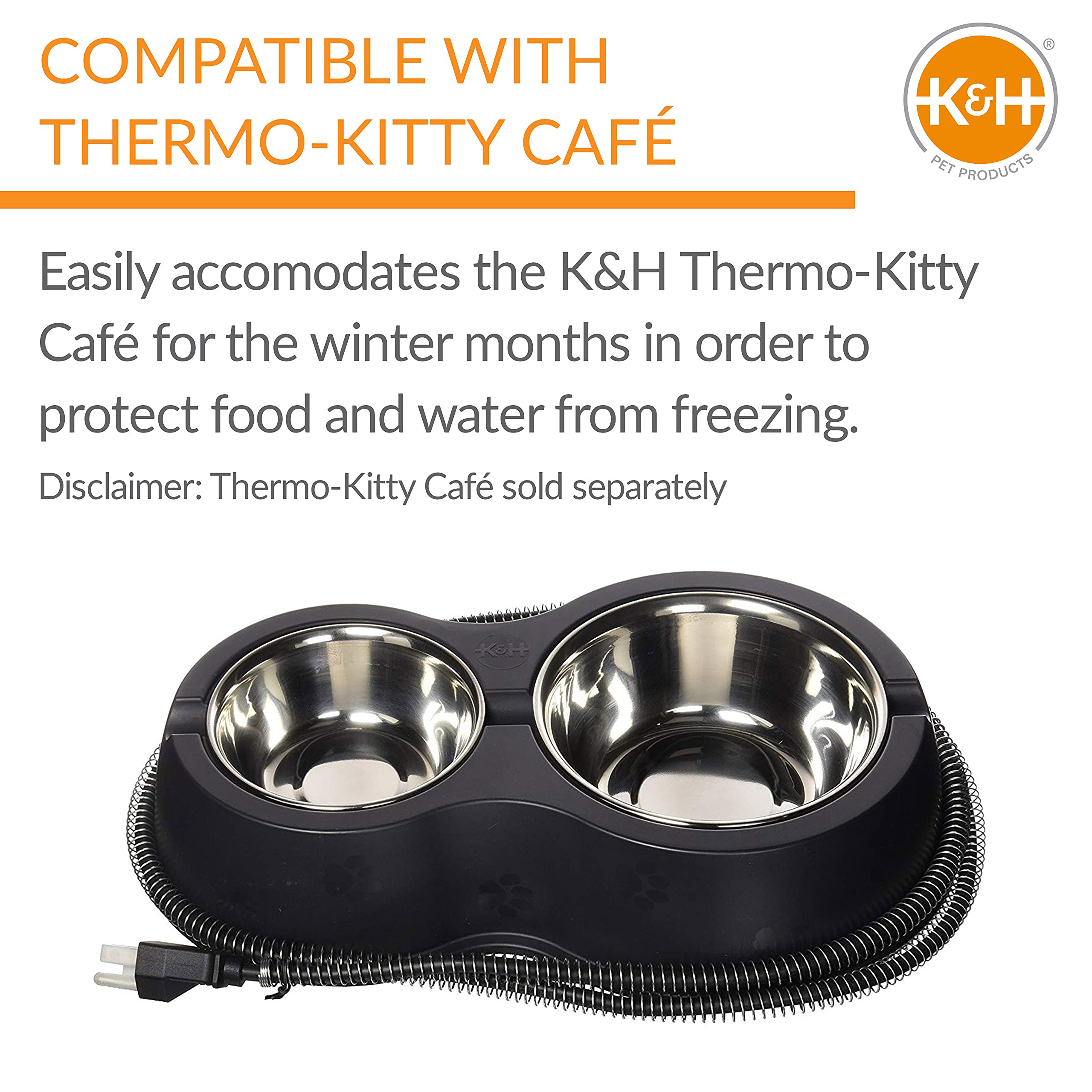 K&H Pet Products two-story heated kitty-house in gray-leaf blends with outdoor spaces.