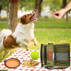 KHPR dog pouch features poop-bag dispenser for quick cleanup.