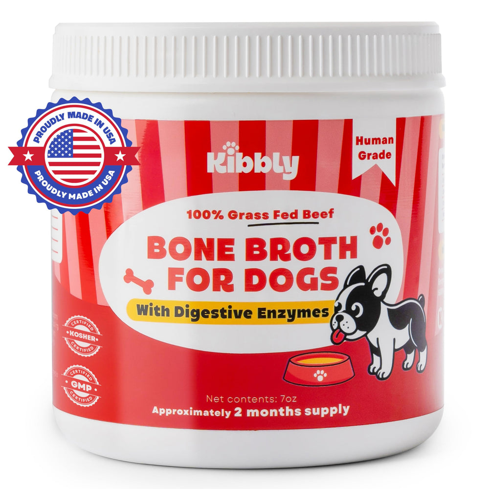 Kibbly Bone Broth Powder bottle: convenient daily digestive support for dogs.