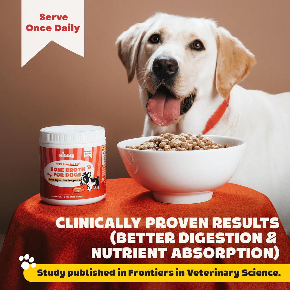 Kibbly Bone Broth Powder poured on wet food: tastier digestion-friendly meal.
