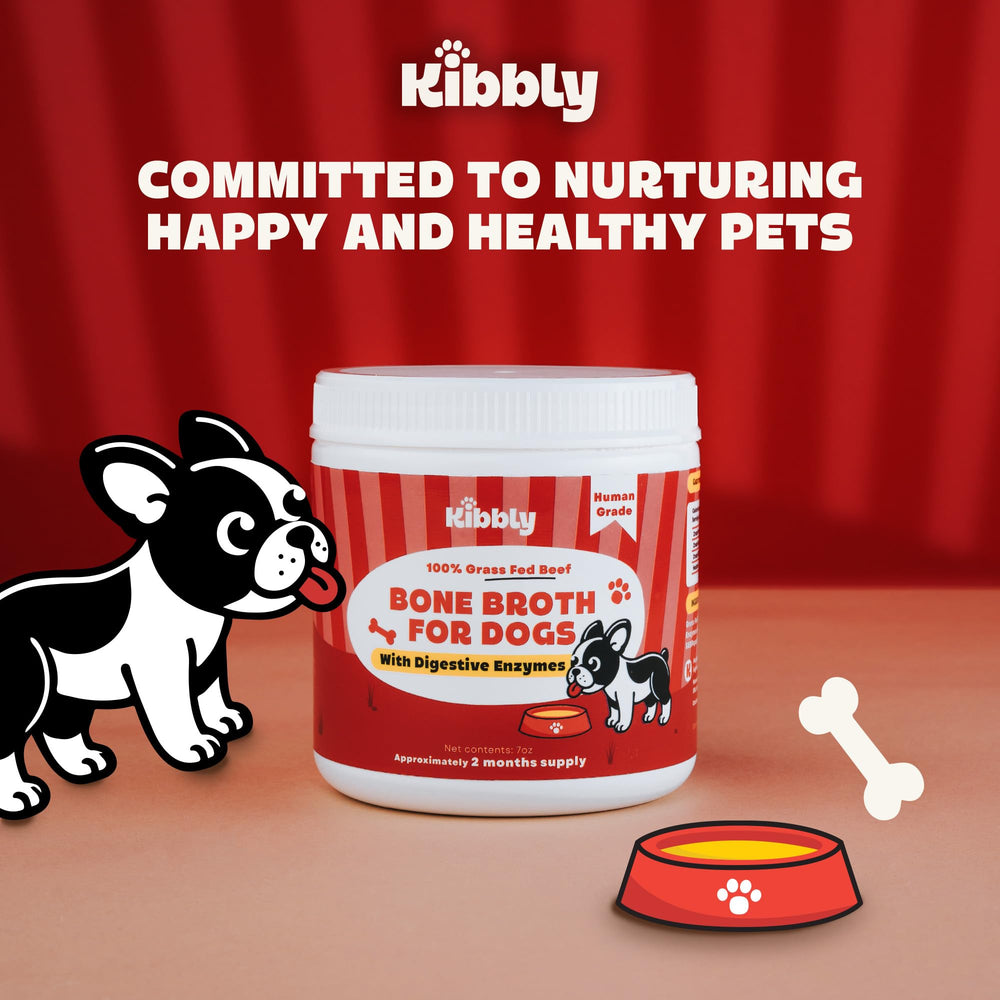 Kibbly Bone Broth ingredients close-up highlights probiotic blend.