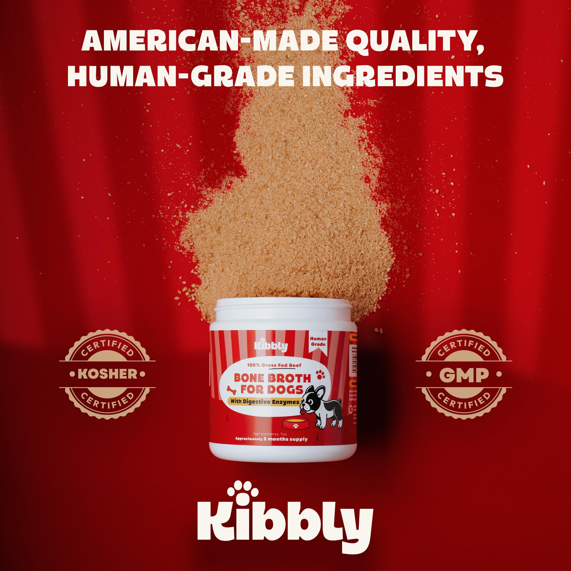 Kibbly Bone Broth label shows clean, human-grade ingredients.